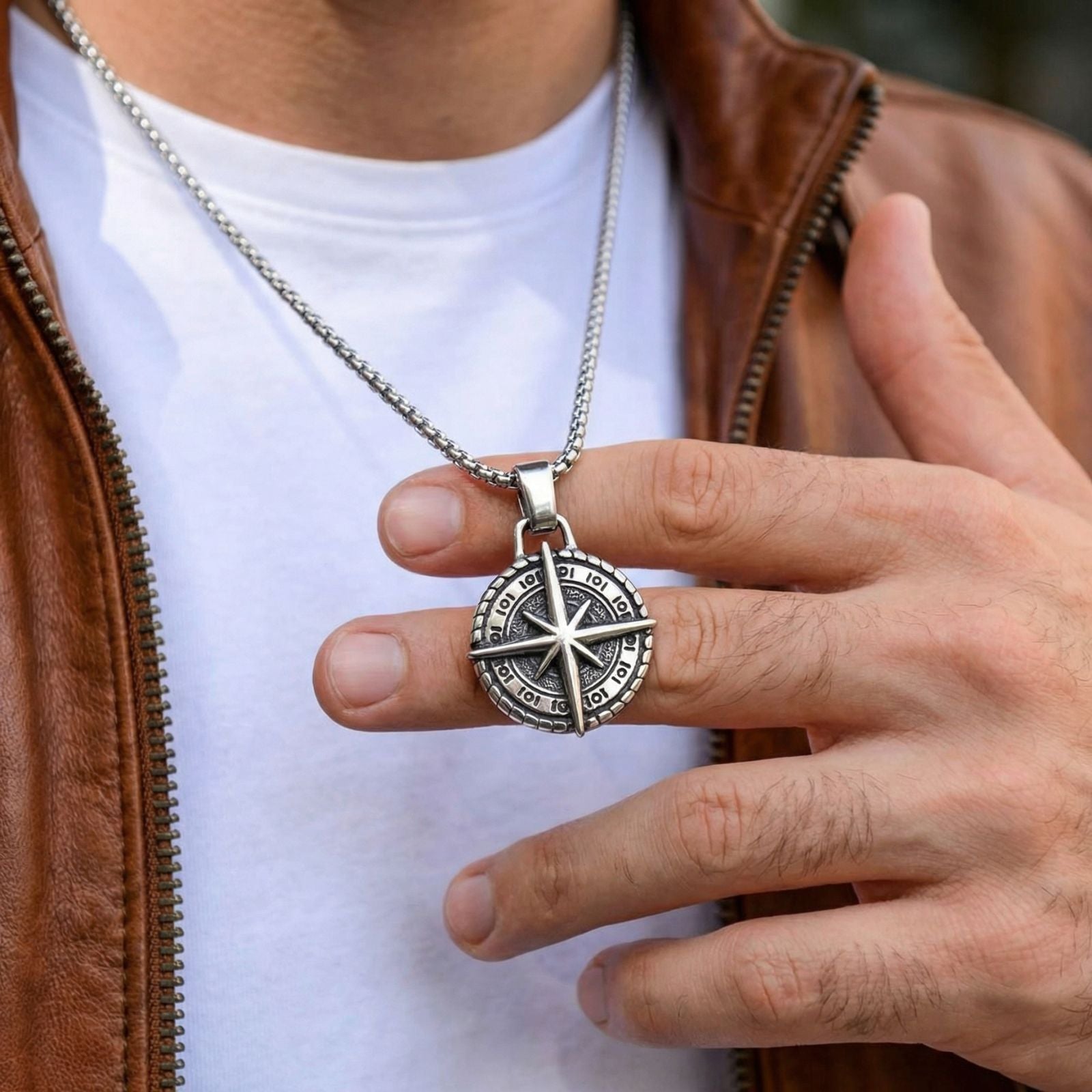 Collier pendentif rose des vents, design gravé en relief, chaîne vénitienne, pour homme