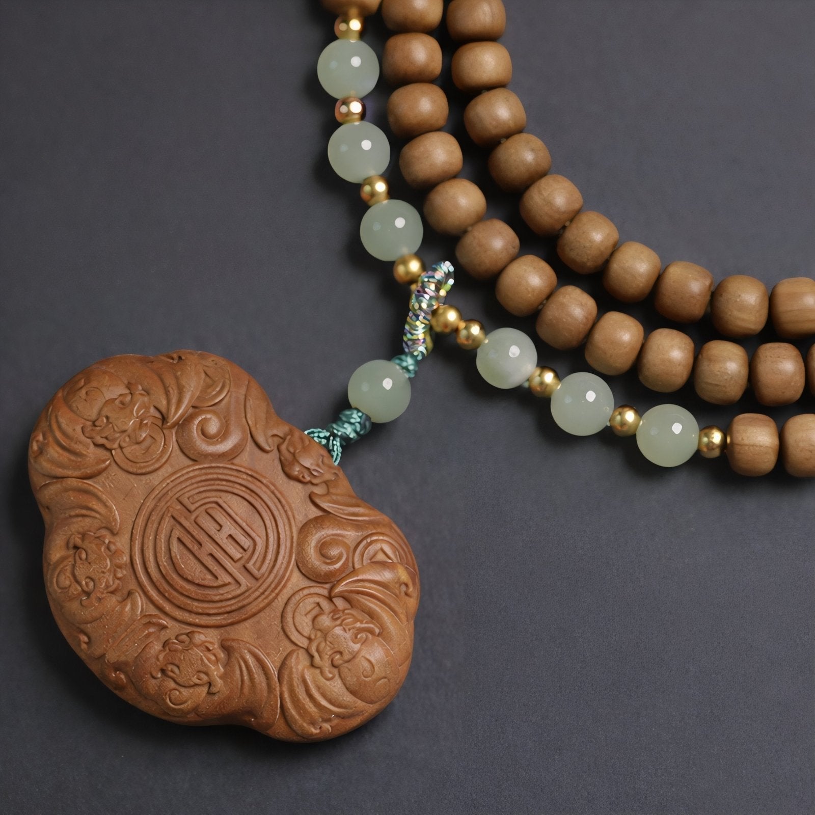 Collier pendentif Ruyi en bois de santal pour femme, avec perles en bois, pierre de jade et alliage métallique