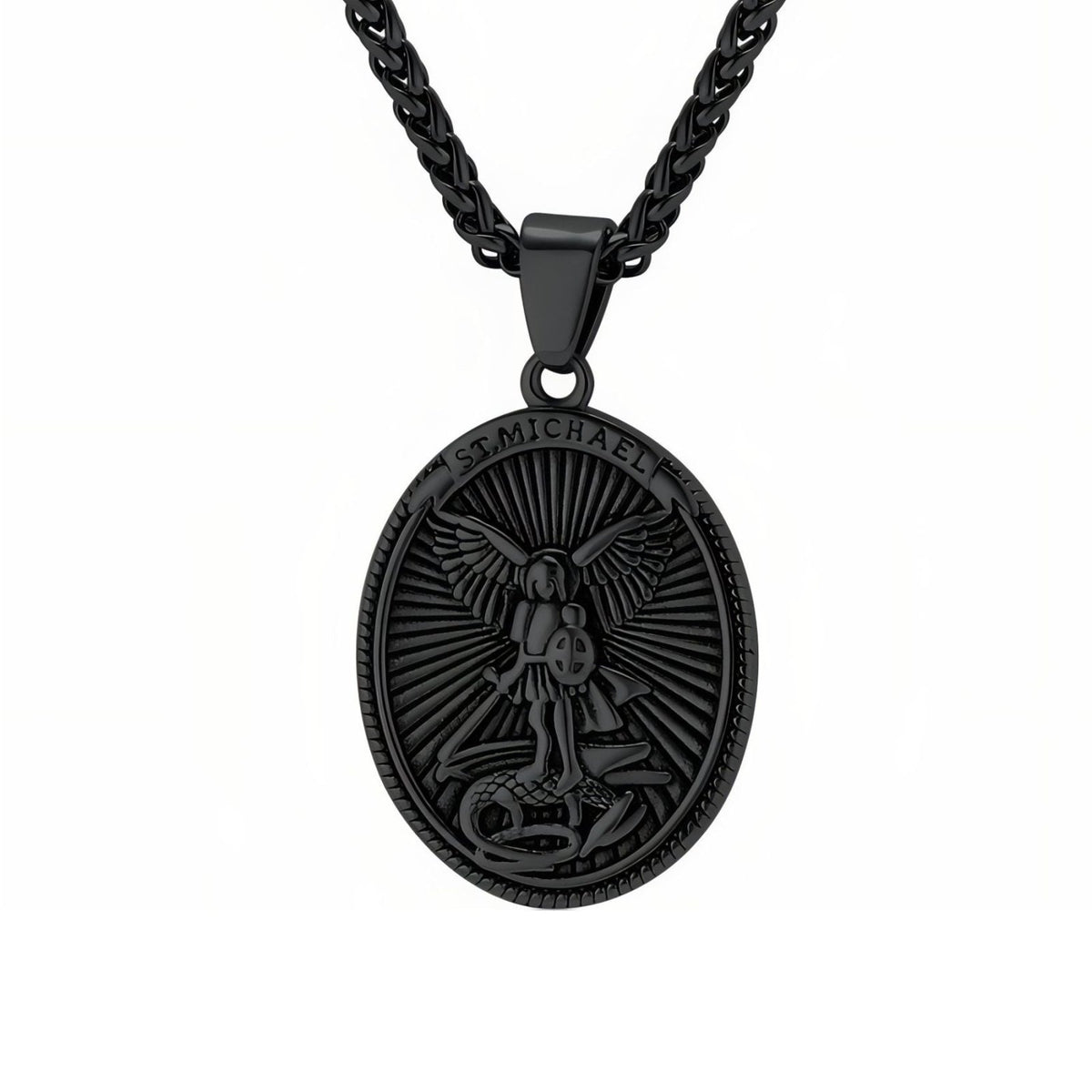 Collier pendentif Saint-Michel archange pour homme, en acier inoxydable, avec médaillon ovale sculpté