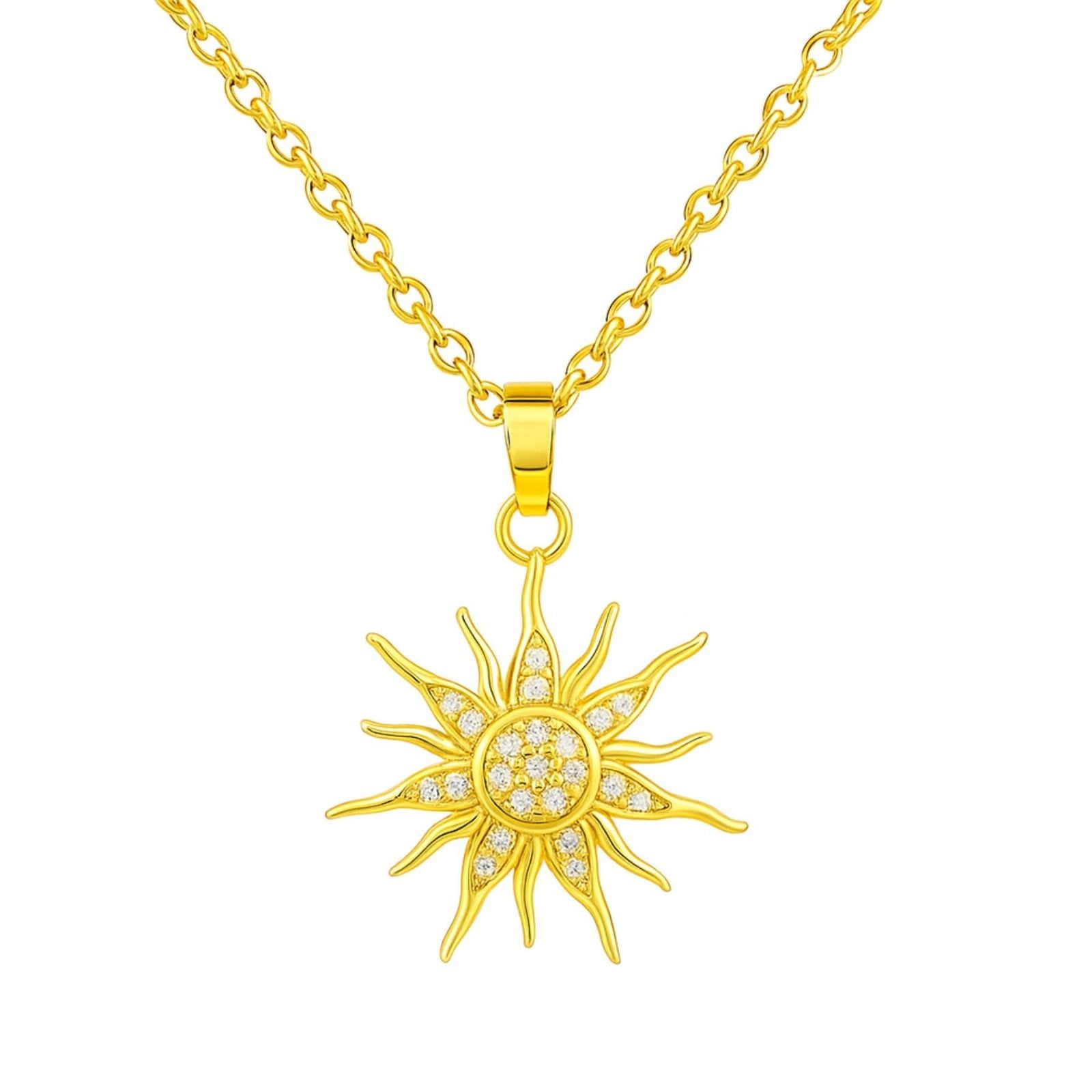 Collier pendentif soleil, en acier inoxydable doré, avec zircons brillants, chaine forçat, modèle Rylie
