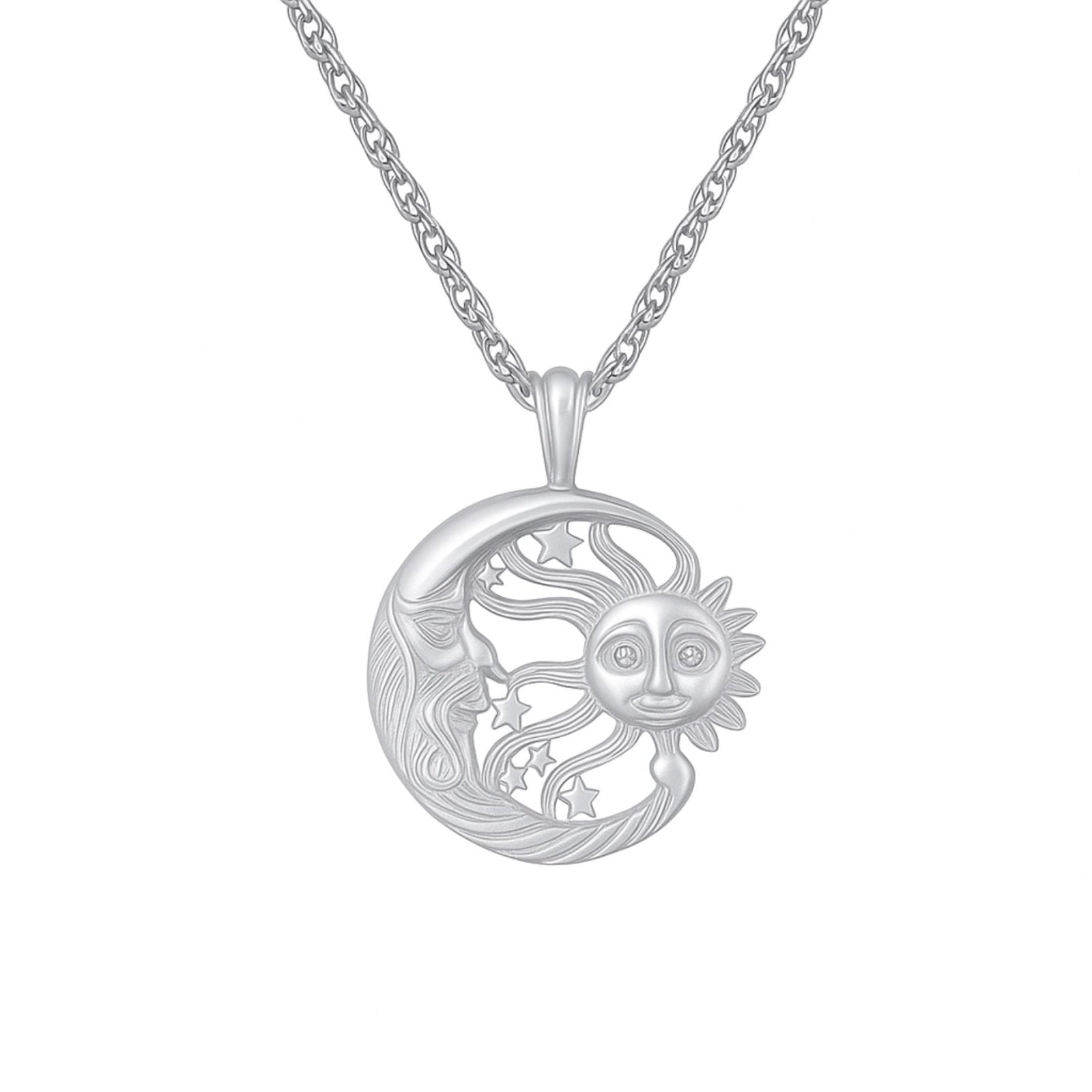 Collier pendentif soleil et lune, acier inoxydable doré ou argenté, pierres de zircons, modèle Phoebe