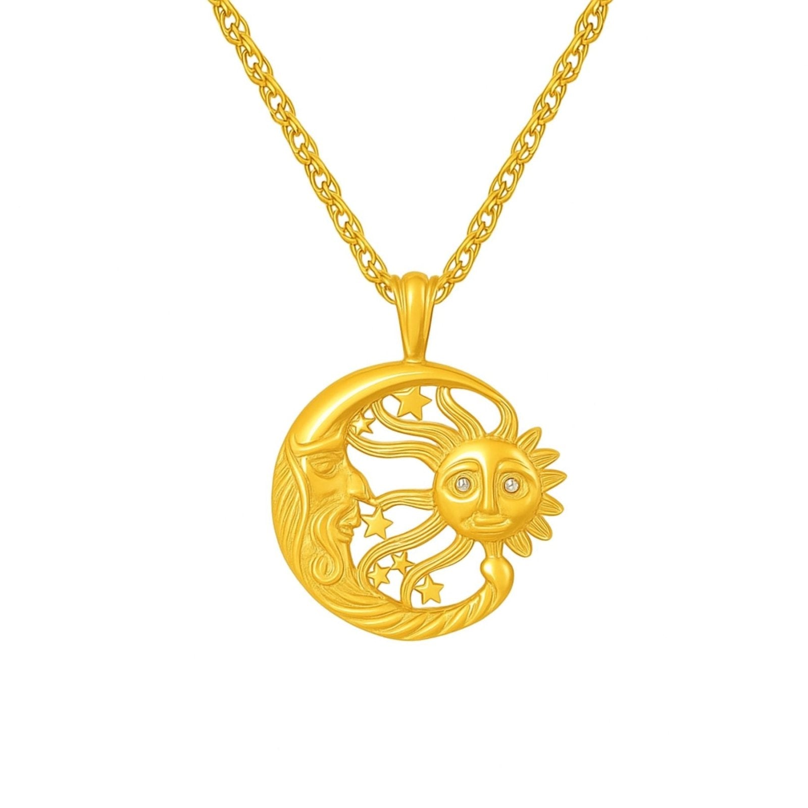 Collier pendentif soleil et lune, acier inoxydable doré ou argenté, pierres de zircons, modèle Phoebe