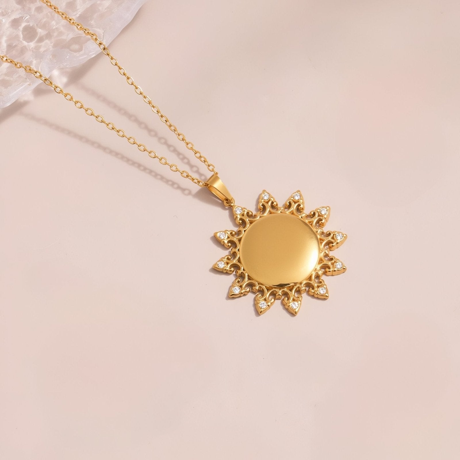 Collier pendentif soleil pour femme, avec zircon, en acier inoxydable