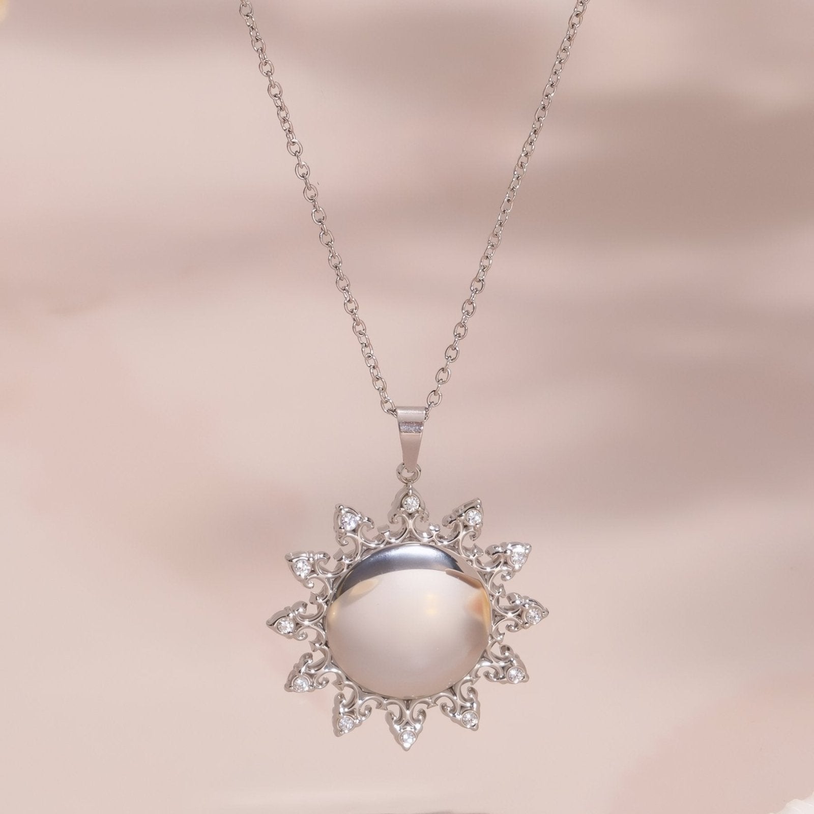 Collier pendentif soleil pour femme, avec zircon, en acier inoxydable