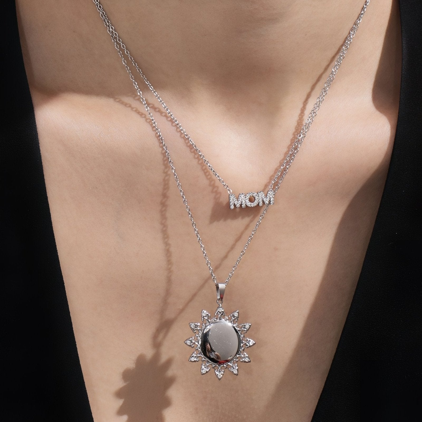 Collier pendentif soleil pour femme, avec zircon, en acier inoxydable