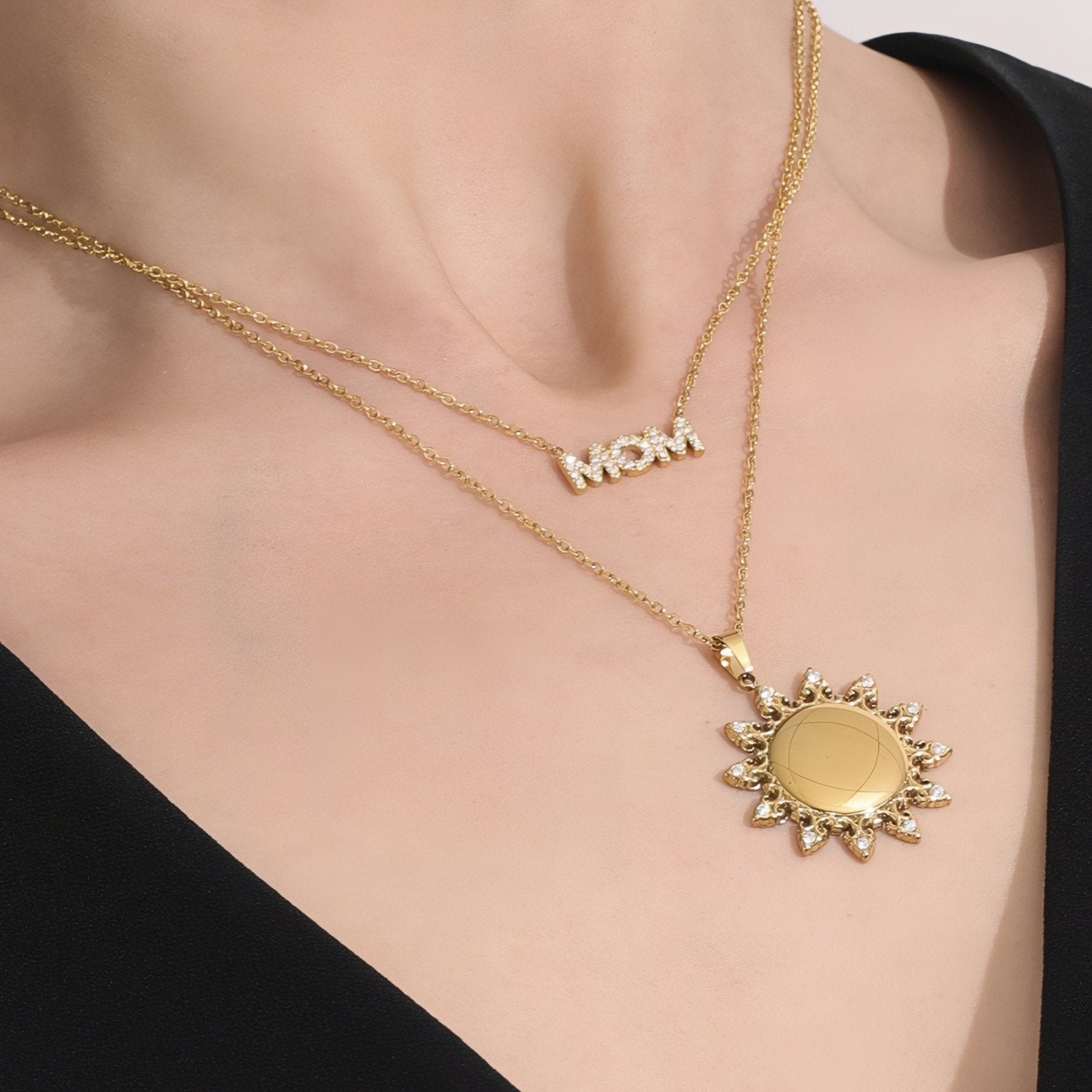 Collier pendentif soleil pour femme, avec zircon, en acier inoxydable