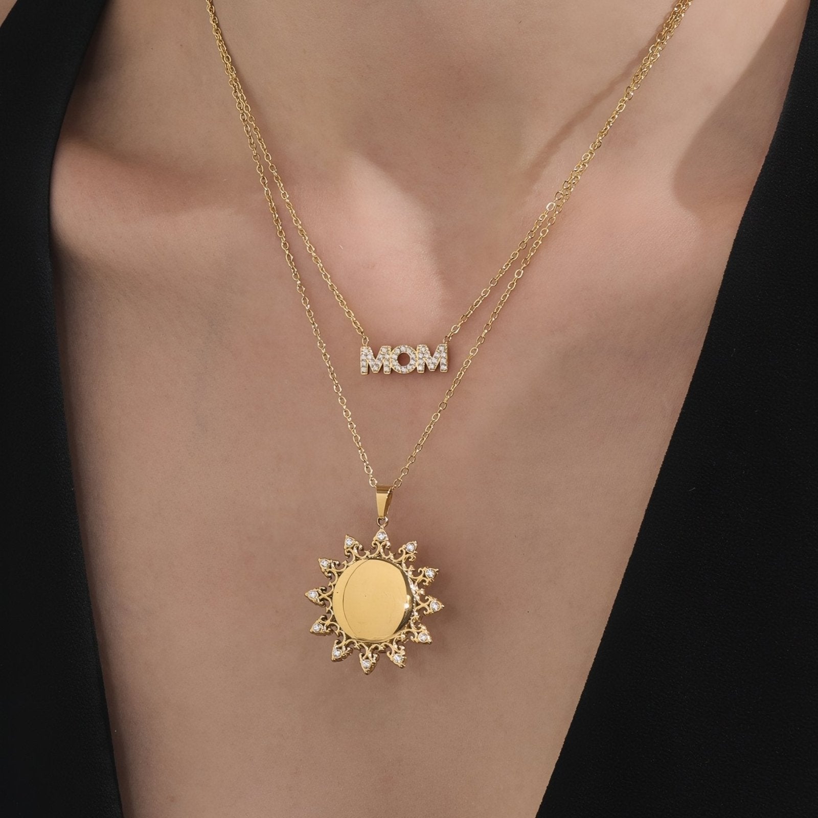 Collier pendentif soleil pour femme, avec zircon, en acier inoxydable