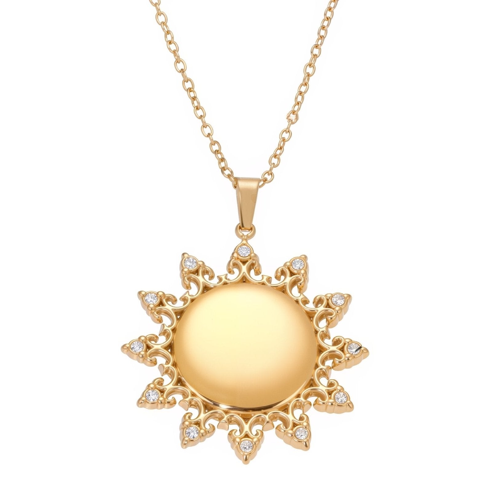 Collier pendentif soleil pour femme, avec zircon, en acier inoxydable