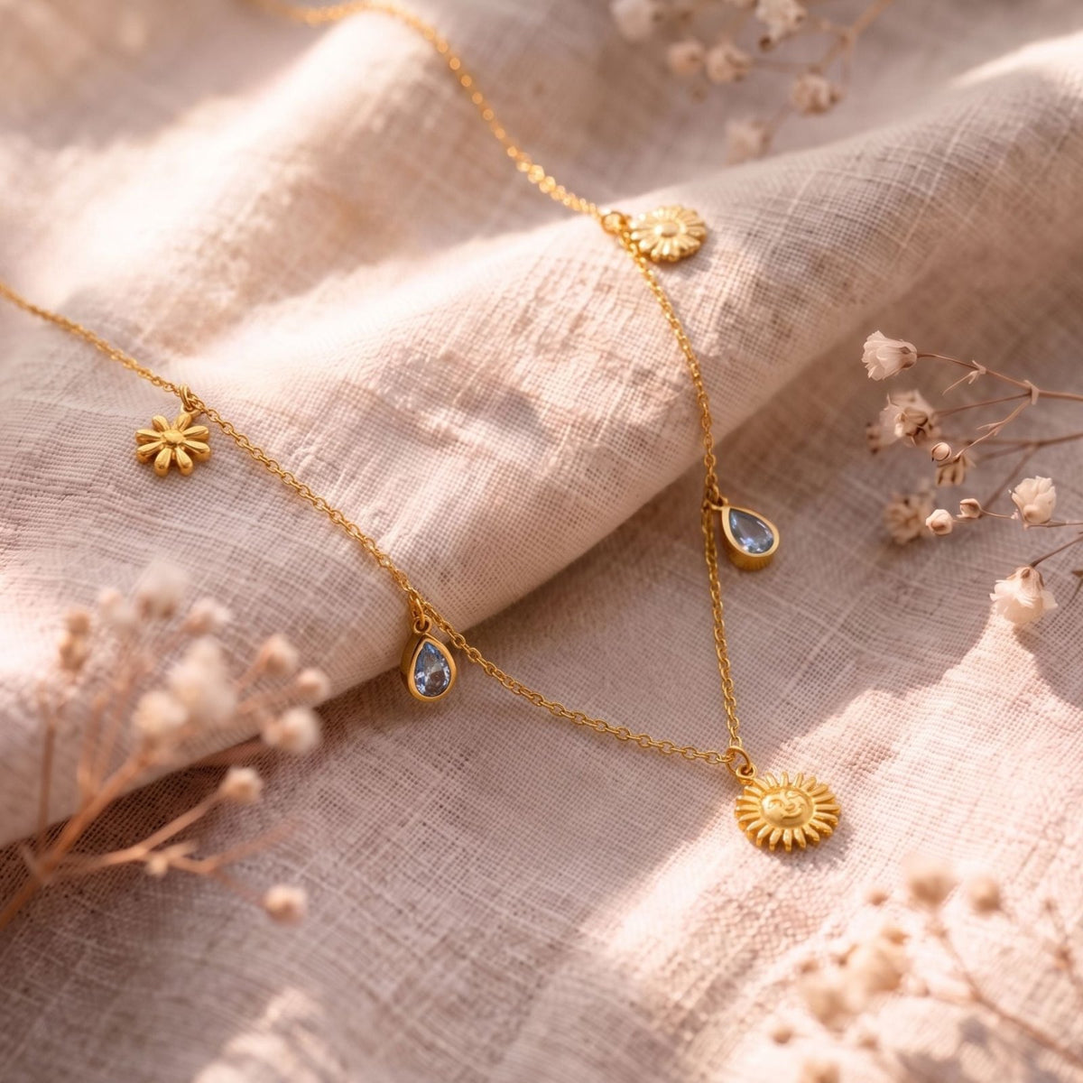 Collier pendentif soleil pour femme, en acier inoxydable doré, chaîne fine ornée de gouttes scintillantes