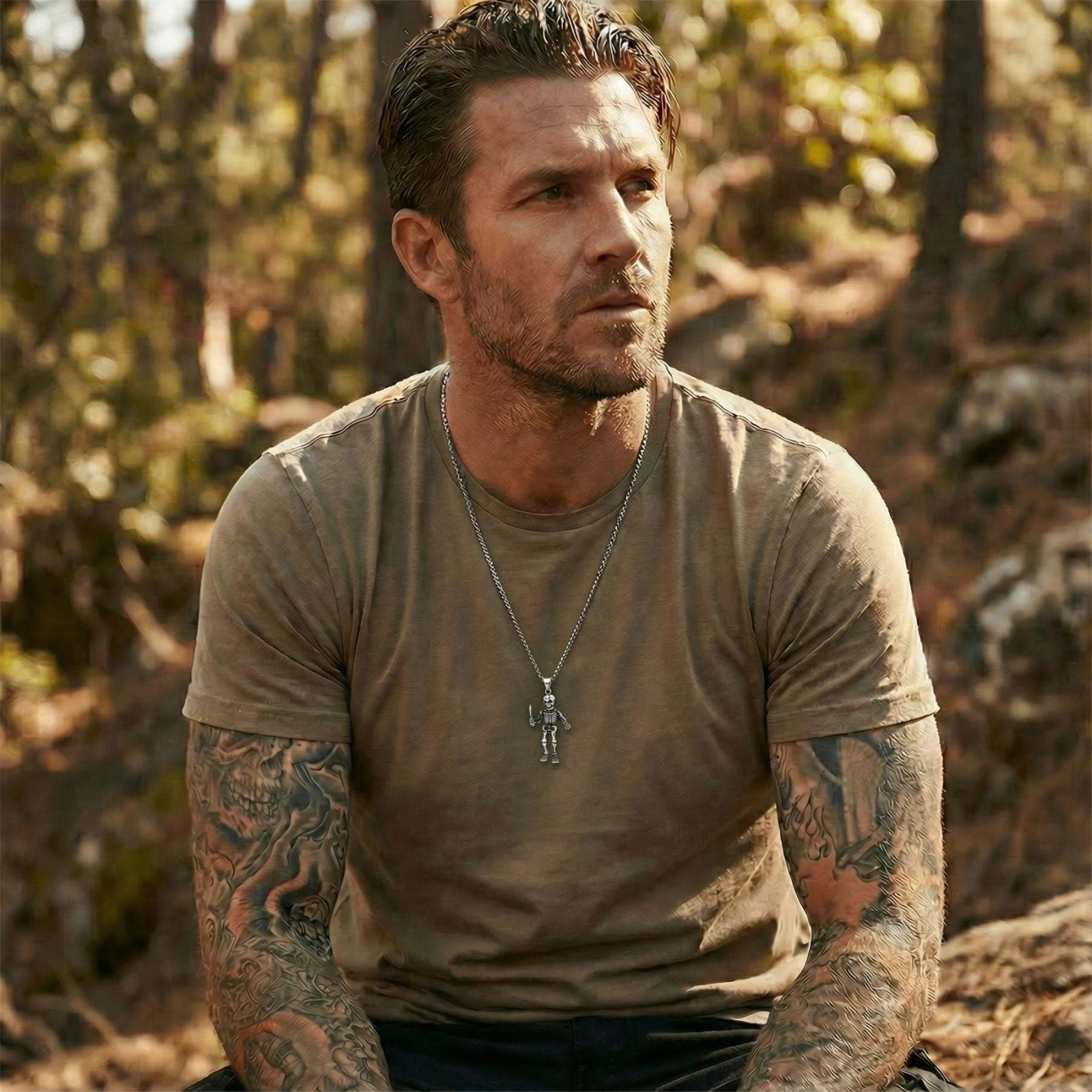 Collier pendentif squelette guerrier pour homme, en acier inoxydable, style rock