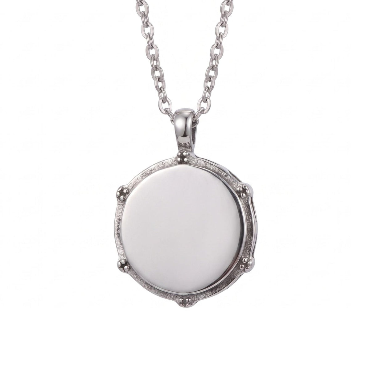 Collier pendentif tambour pour homme, en acier inoxydable argenté, médaillon lisse à bordure décorative  