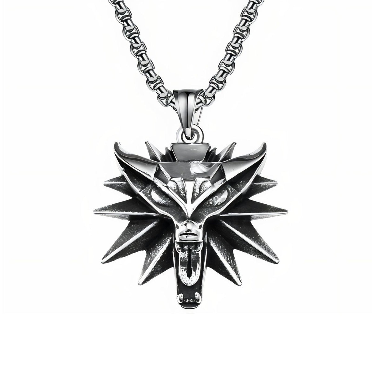 Collier pendentif tête de loup pour homme, en acier inoxydable, design fantastique aux finitions sculptées