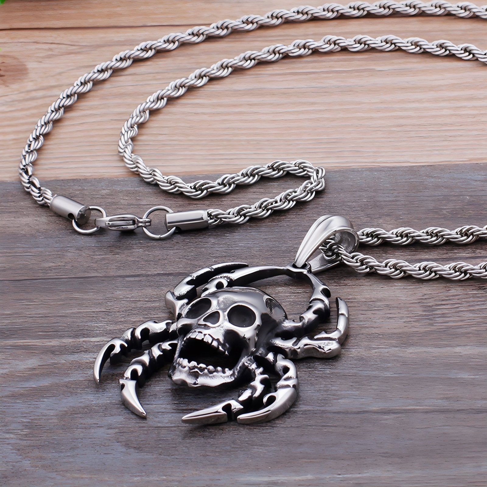 Collier pendentif tête de mort araignée pour homme, en acier inoxydable, style punk