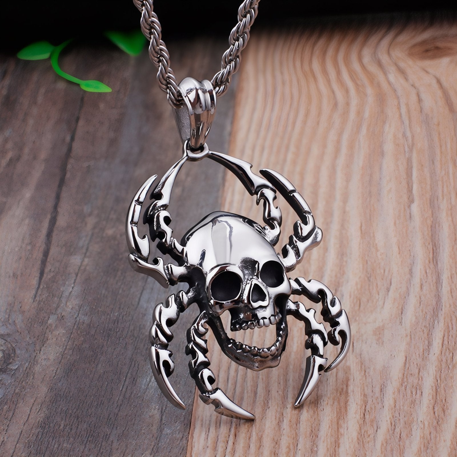 Collier pendentif tête de mort araignée pour homme, en acier inoxydable, style punk
