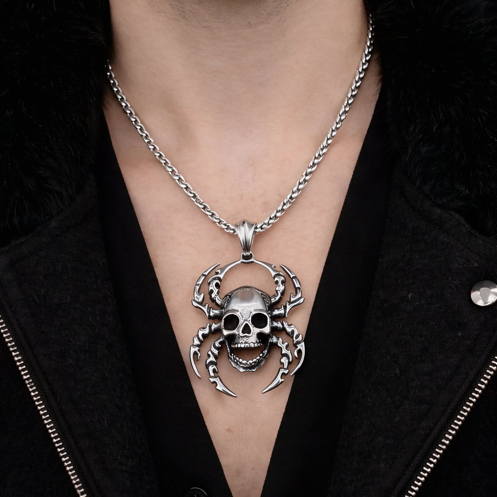 Collier pendentif tête de mort araignée pour homme, en acier inoxydable, style punk