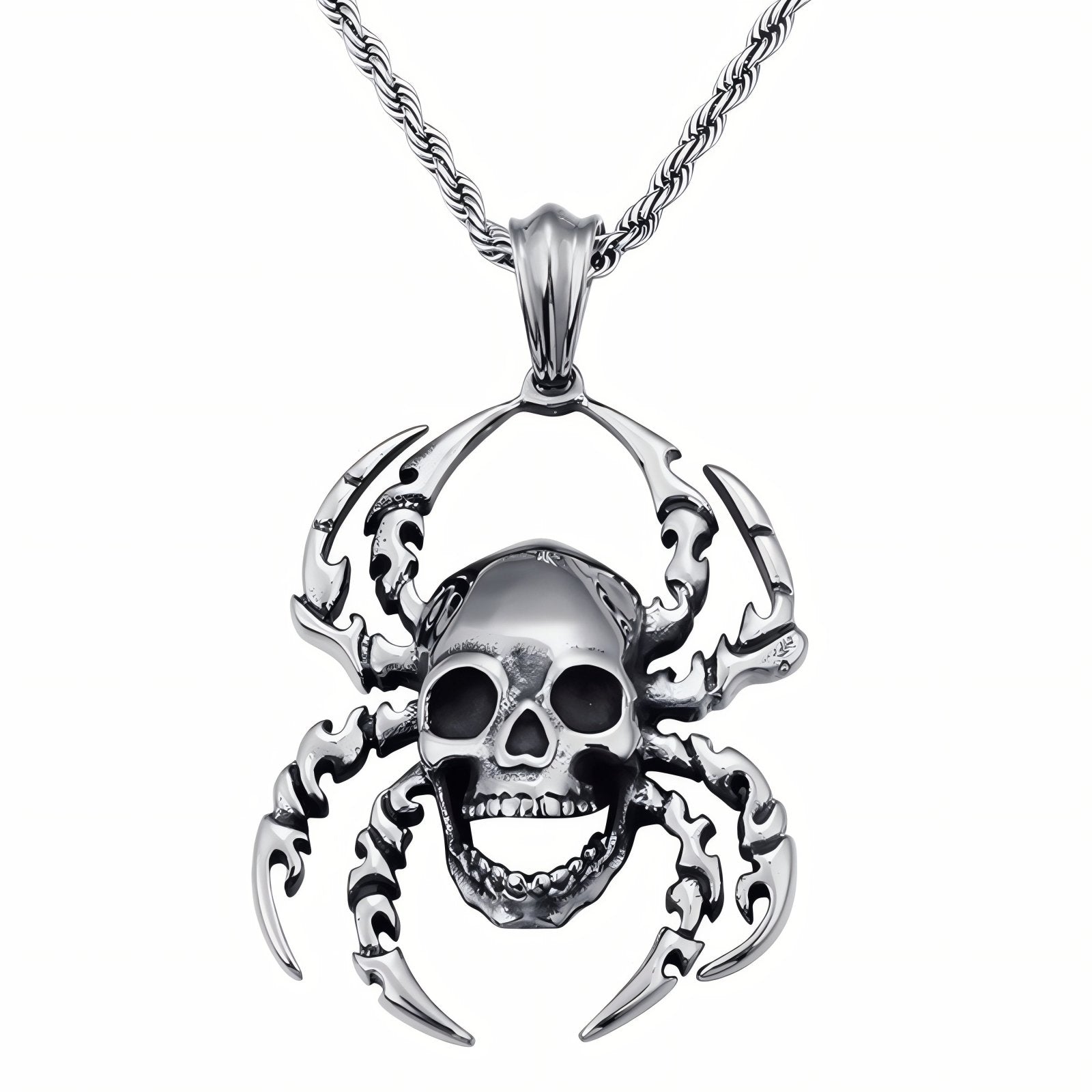 Collier pendentif tête de mort araignée pour homme, en acier inoxydable, style punk