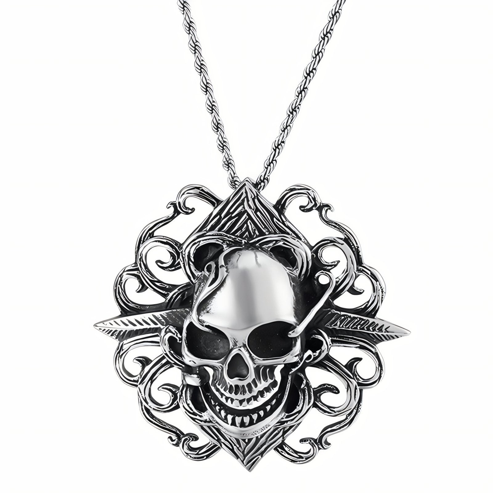 Collier pendentif tête de mort avec motifs floraux pour homme, en acier inoxydable