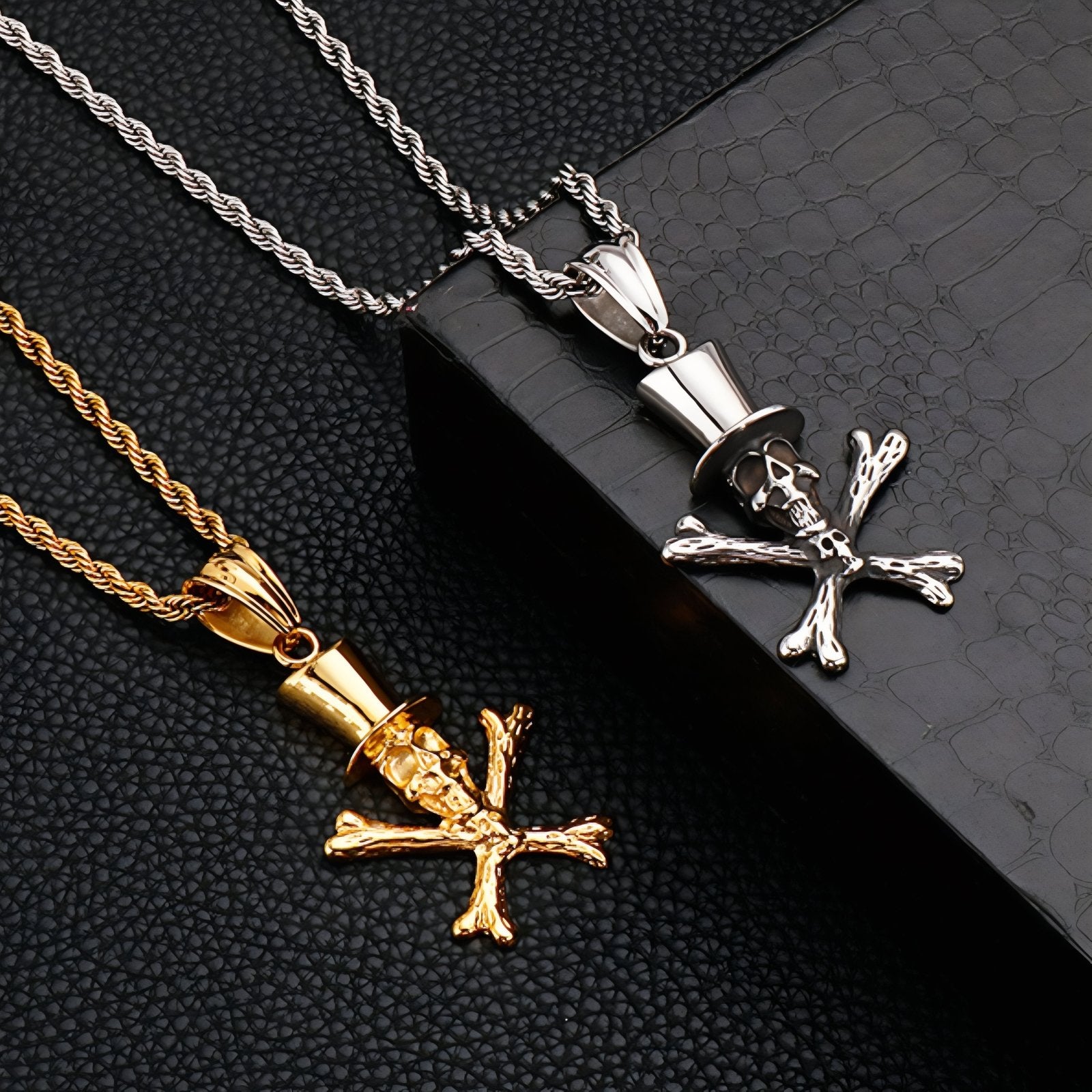 Collier pendentif tête de mort avec os croisés pour homme, en acier inoxydable, style rock