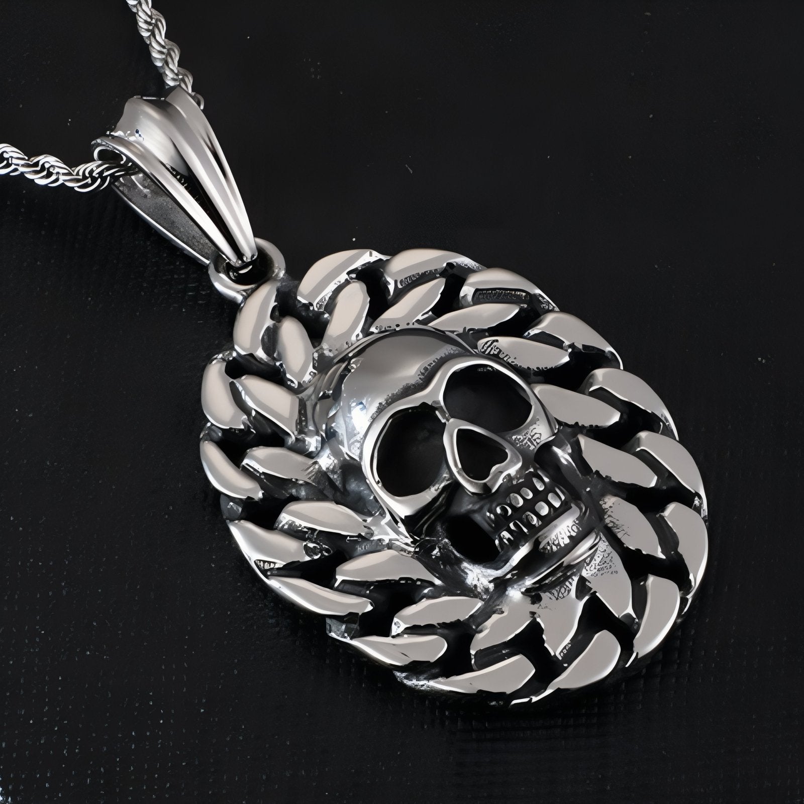 Collier pendentif tête de mort entourée d’une chaîne, en acier inoxydable, style biker