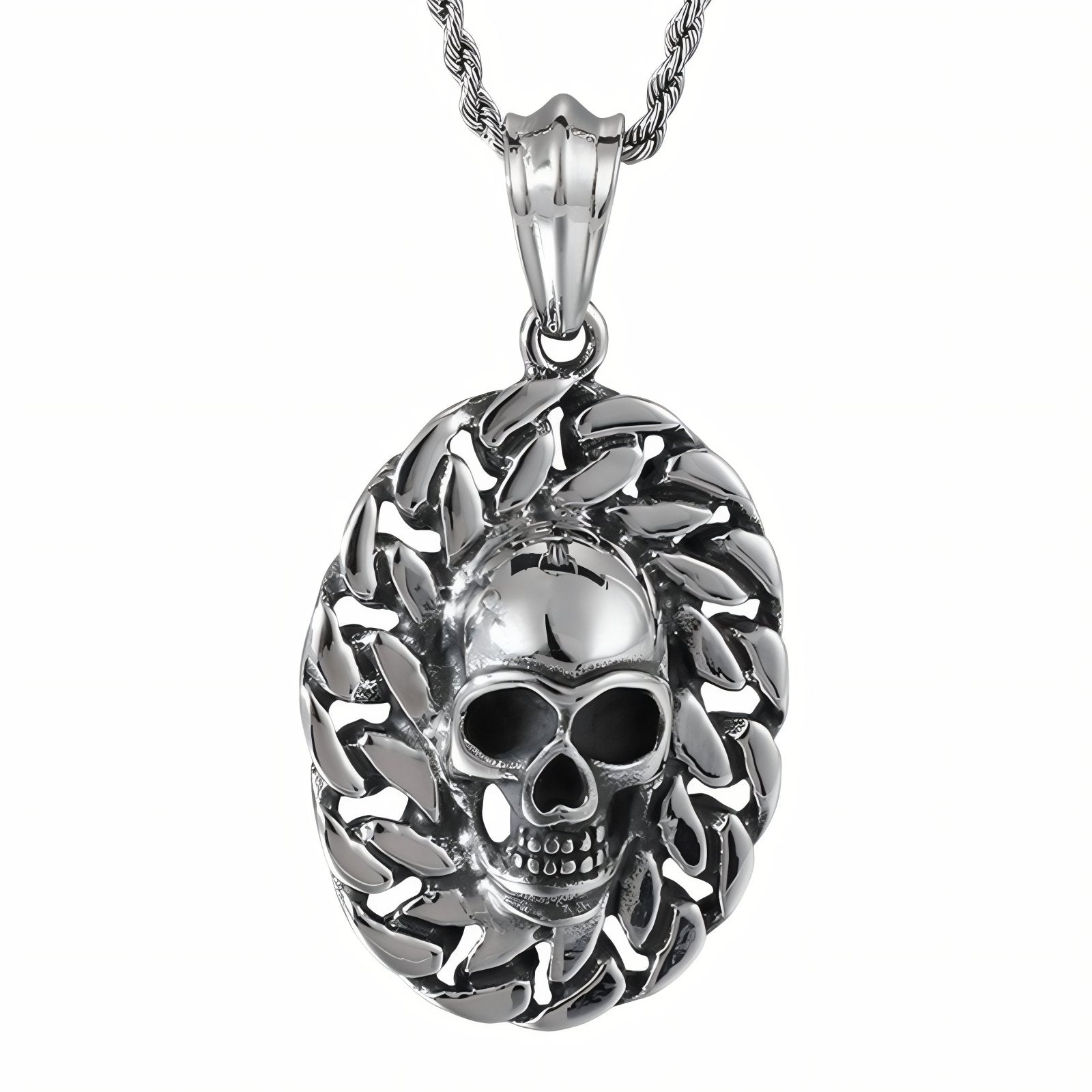 Collier pendentif tête de mort entourée d’une chaîne, en acier inoxydable, style biker