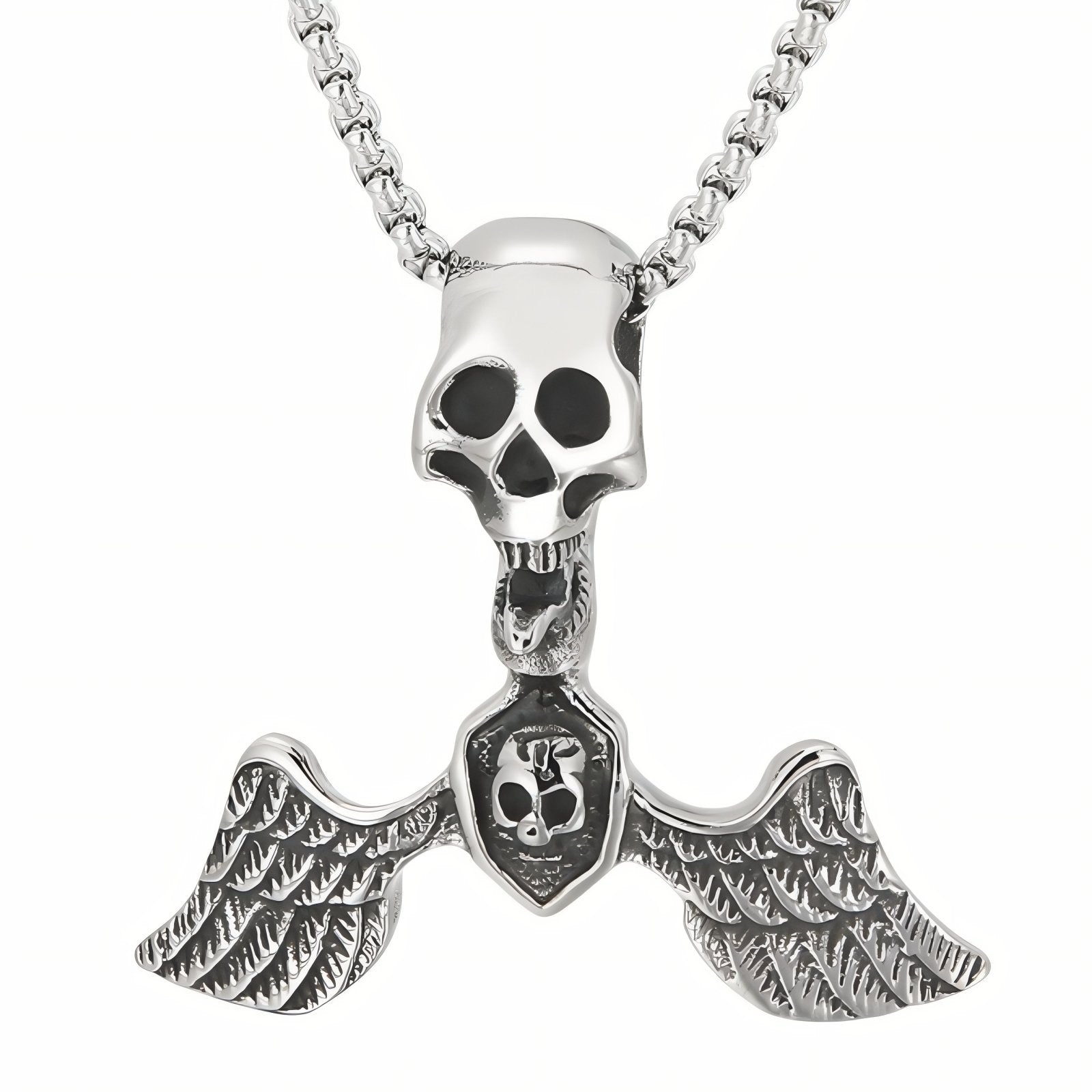 Collier pendentif tête de mort et ailes d’ange pour homme, en acier inoxydable, style rock