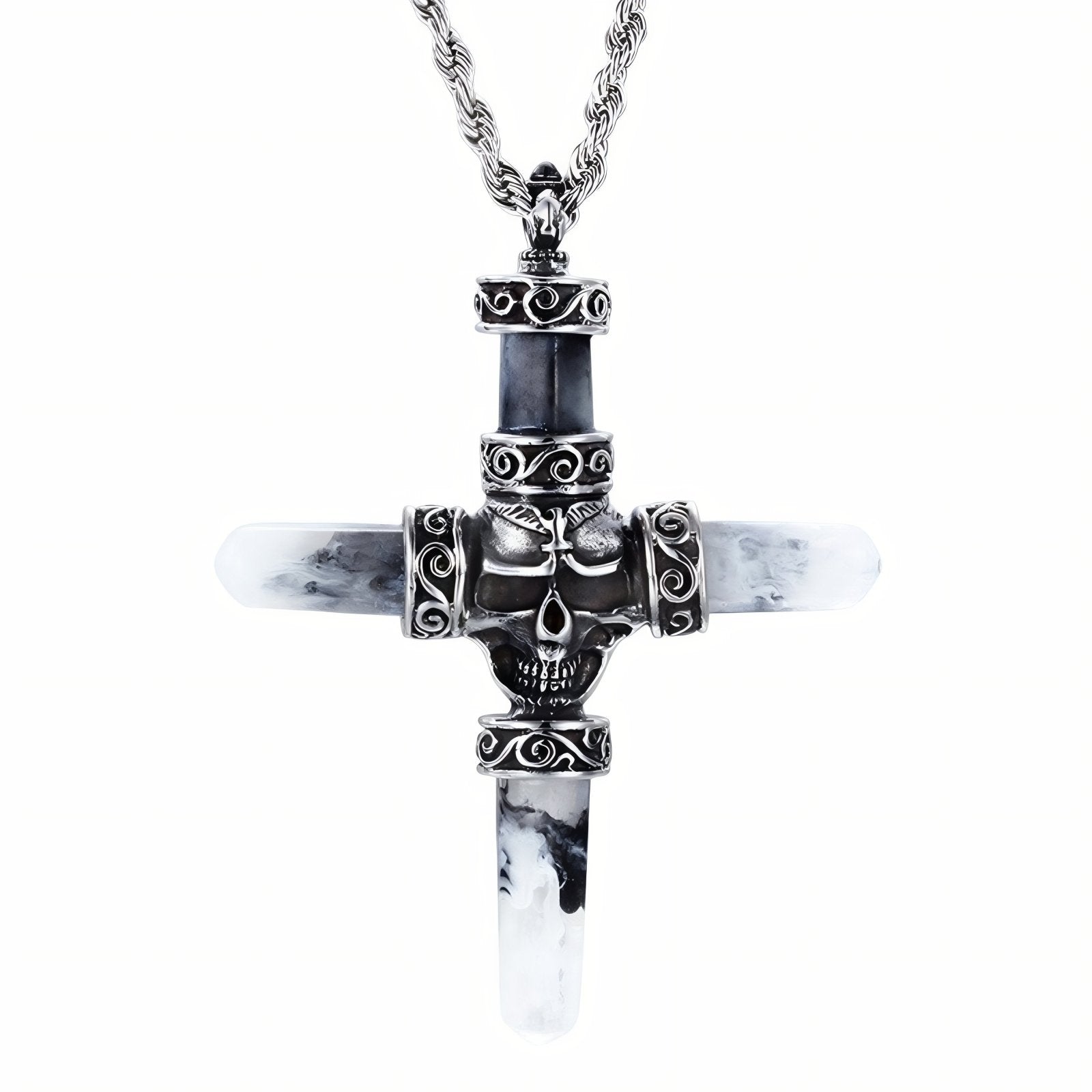 Collier pendentif tête de mort et croix, en acier inoxydable et résine, style rock