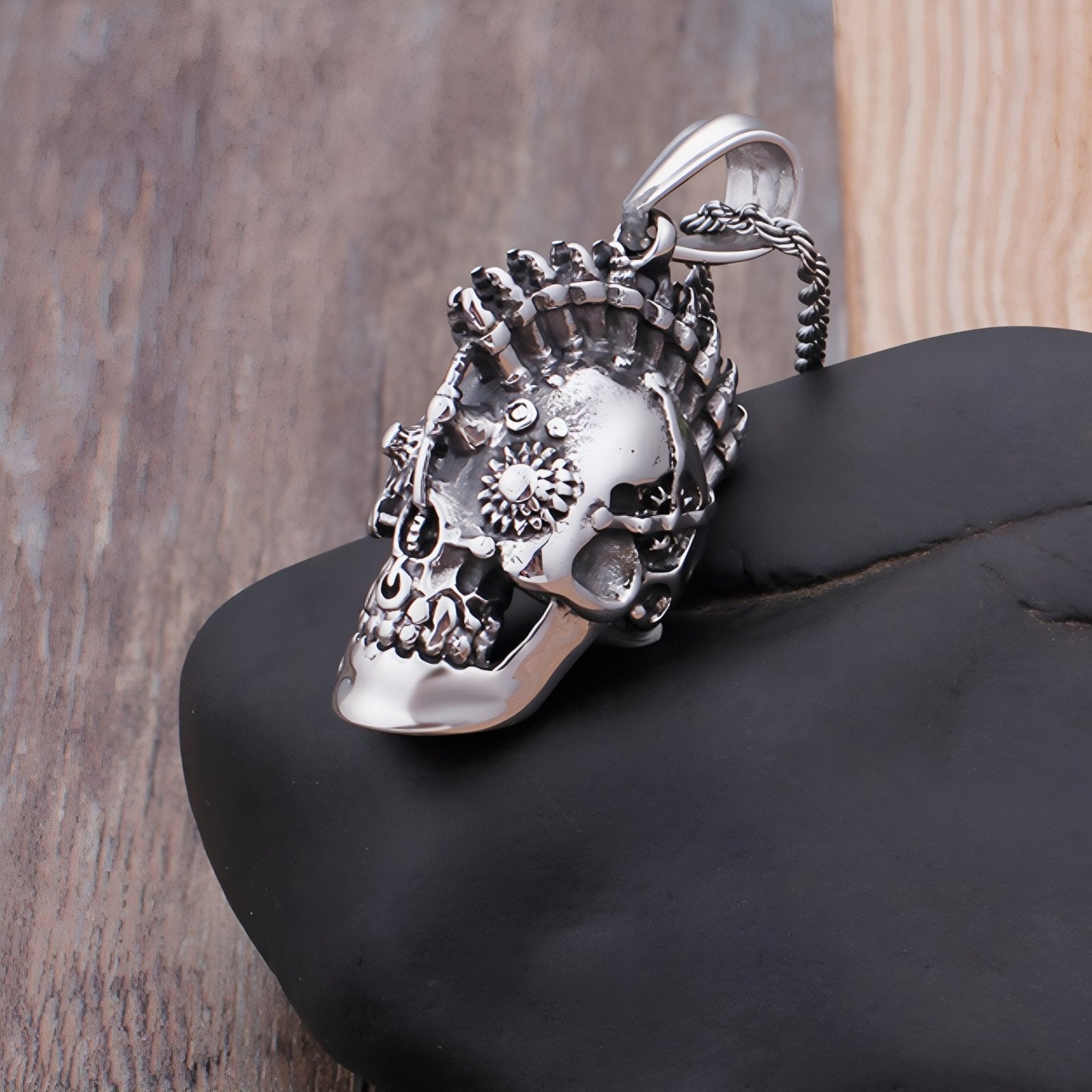Collier pendentif tête de mort mécanique pour homme, en acier inoxydable