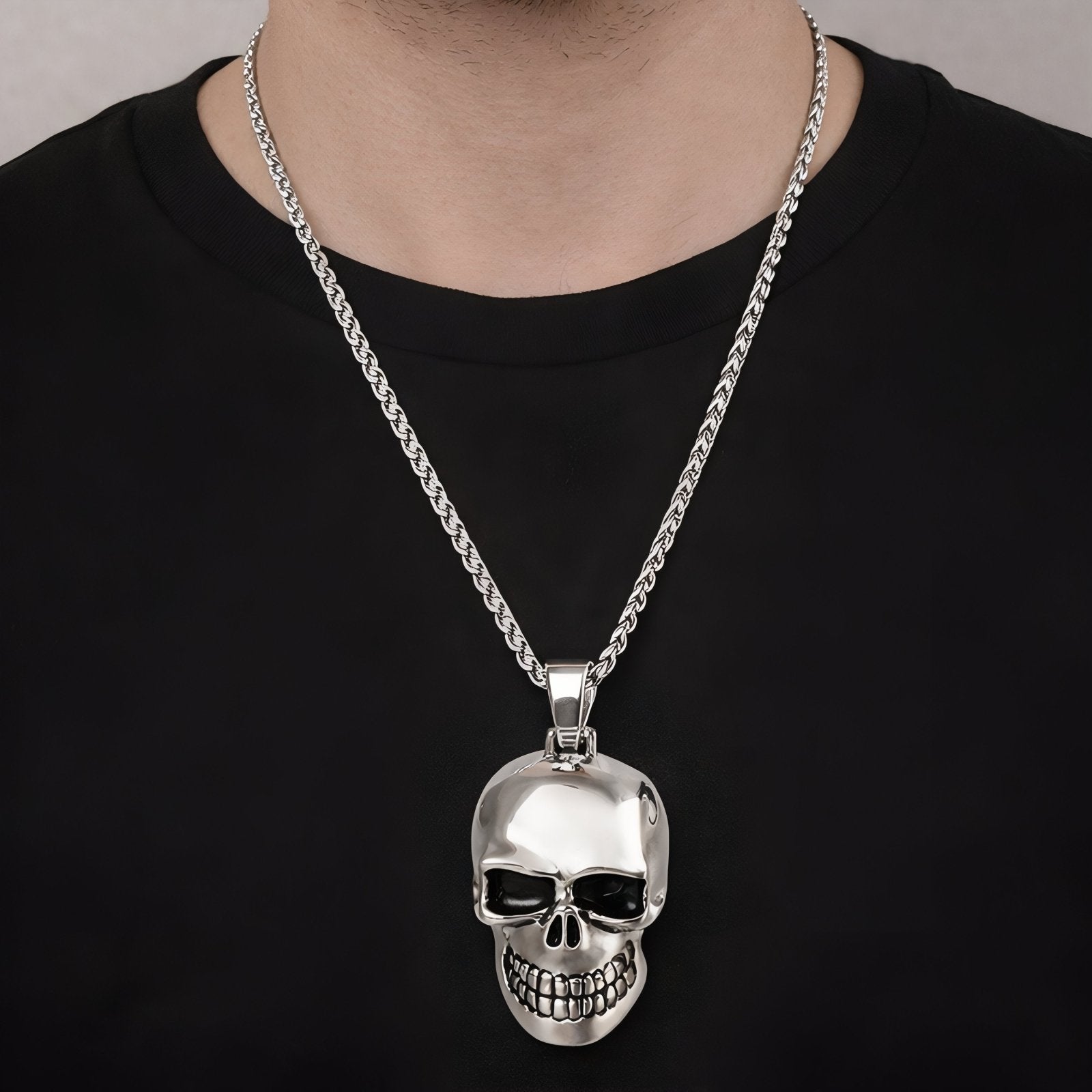 Collier pendentif tête de mort pour homme, maille torsadée, acier inoxydable, style rock