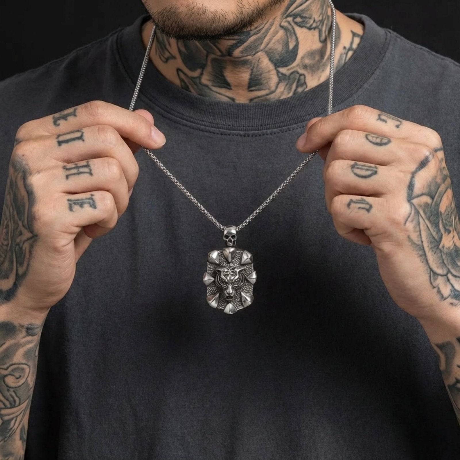 Collier pendentif tête de tigre avec tête de mort pour homme, en acier inoxydable, style punk