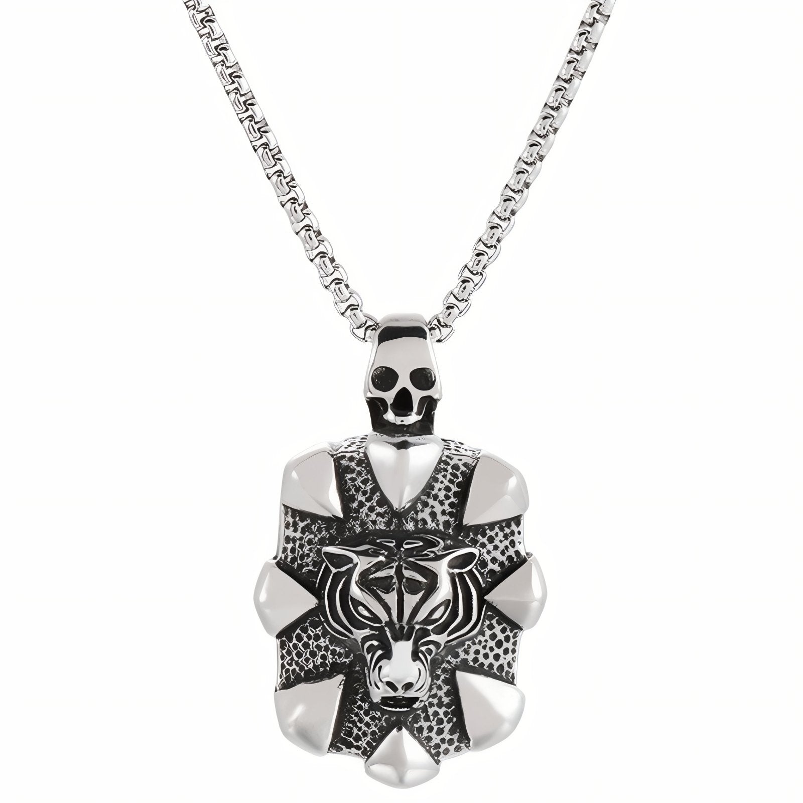 Collier pendentif tête de tigre avec tête de mort pour homme, en acier inoxydable, style punk