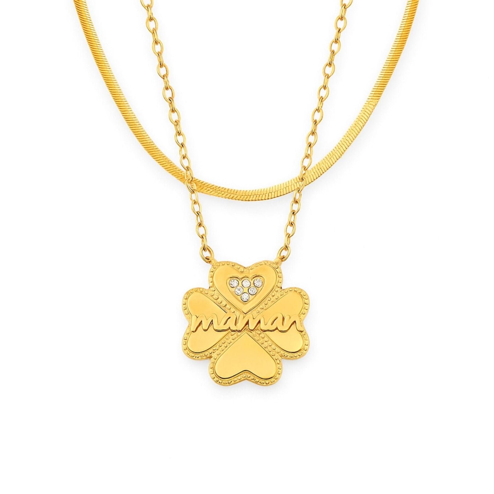 Collier pendentif trèfle doré “maman” en acier inoxydable, orné de zircons, bijou symbolique pour femme, modèle Anita