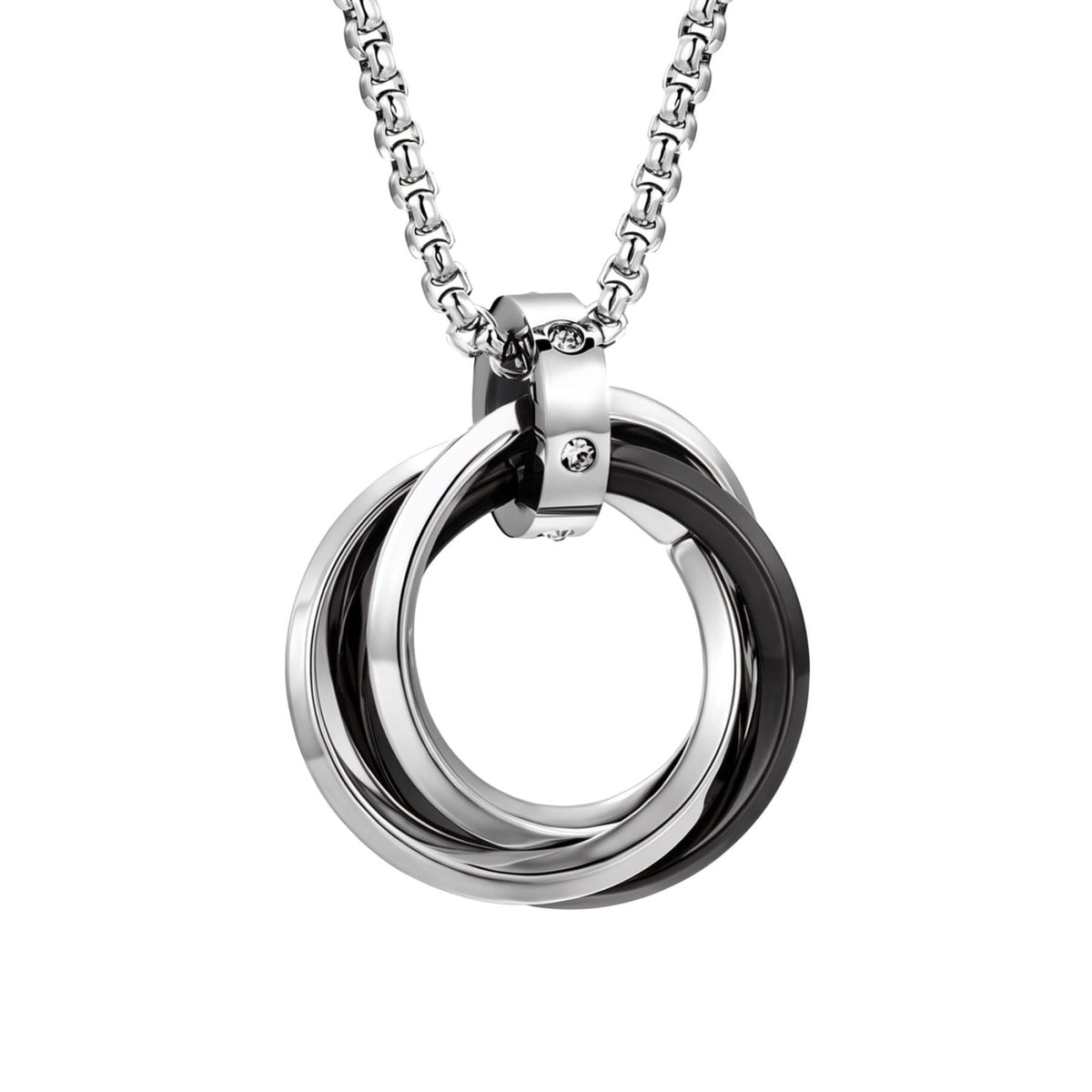 Collier pendentif triple anneaux entrelacés pour homme, en acier inoxydable, design circulaire avec cristaux et finitions colorées