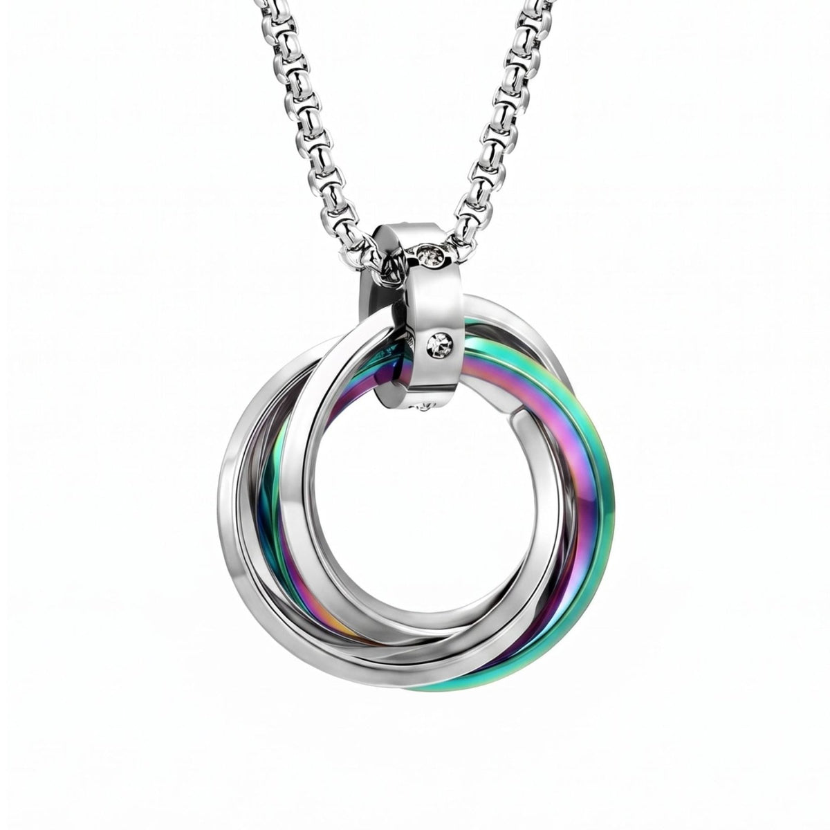 Collier pendentif triple anneaux entrelacés pour homme, en acier inoxydable, design circulaire avec cristaux et finitions colorées