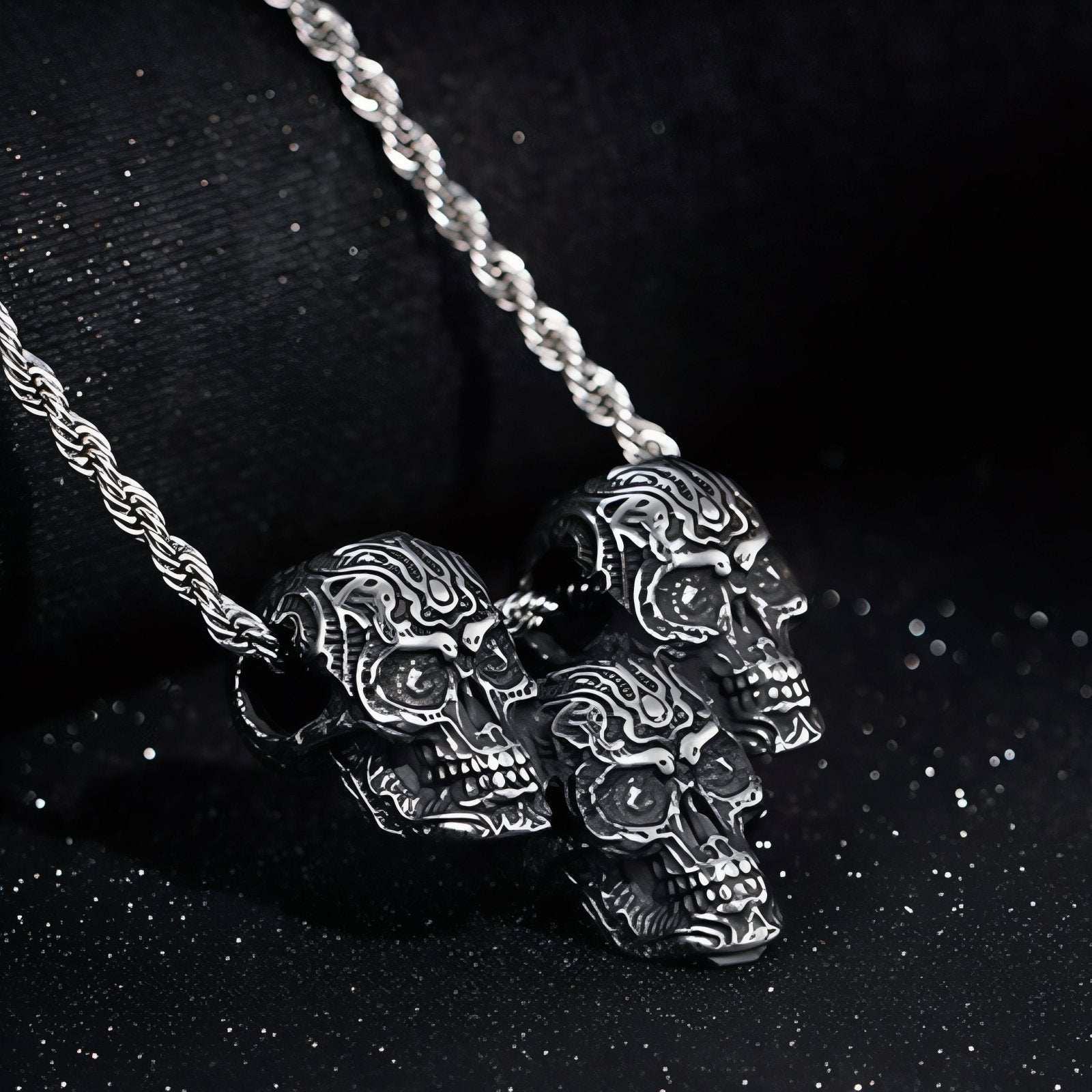 Collier pendentif triple têtes de mort pour homme, en acier inoxydable, style gothique