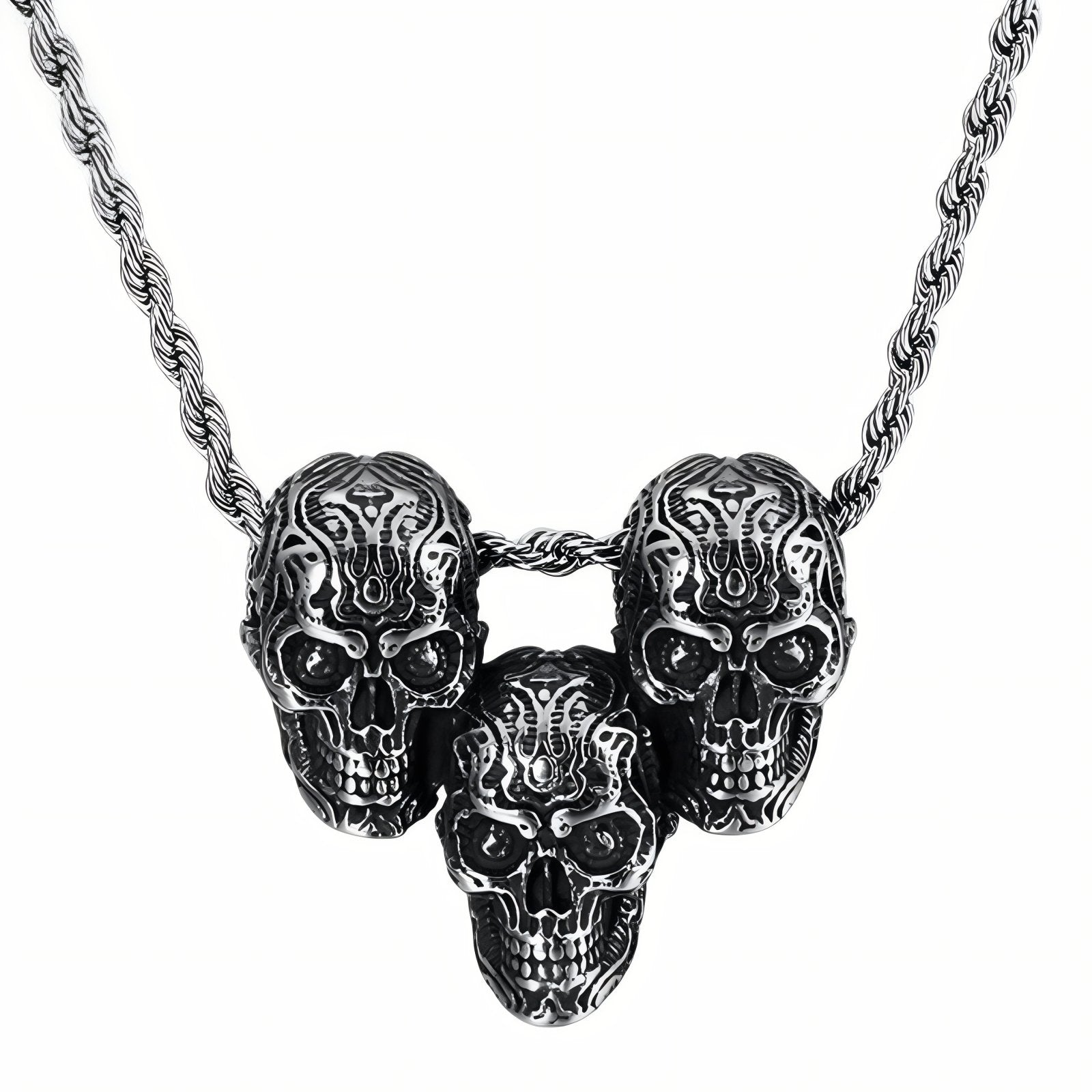 Collier pendentif triple têtes de mort pour homme, en acier inoxydable, style gothique