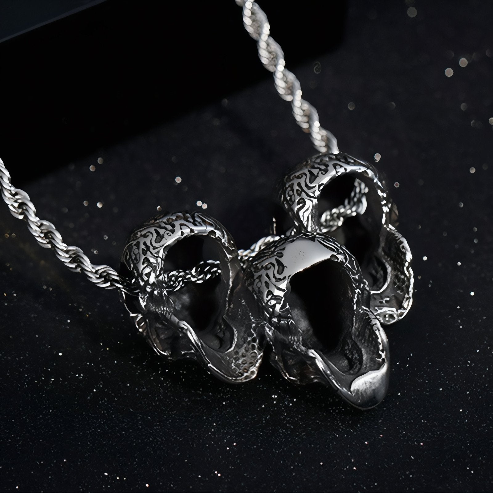 Collier pendentif triple têtes de mort pour homme, en acier inoxydable, style gothique