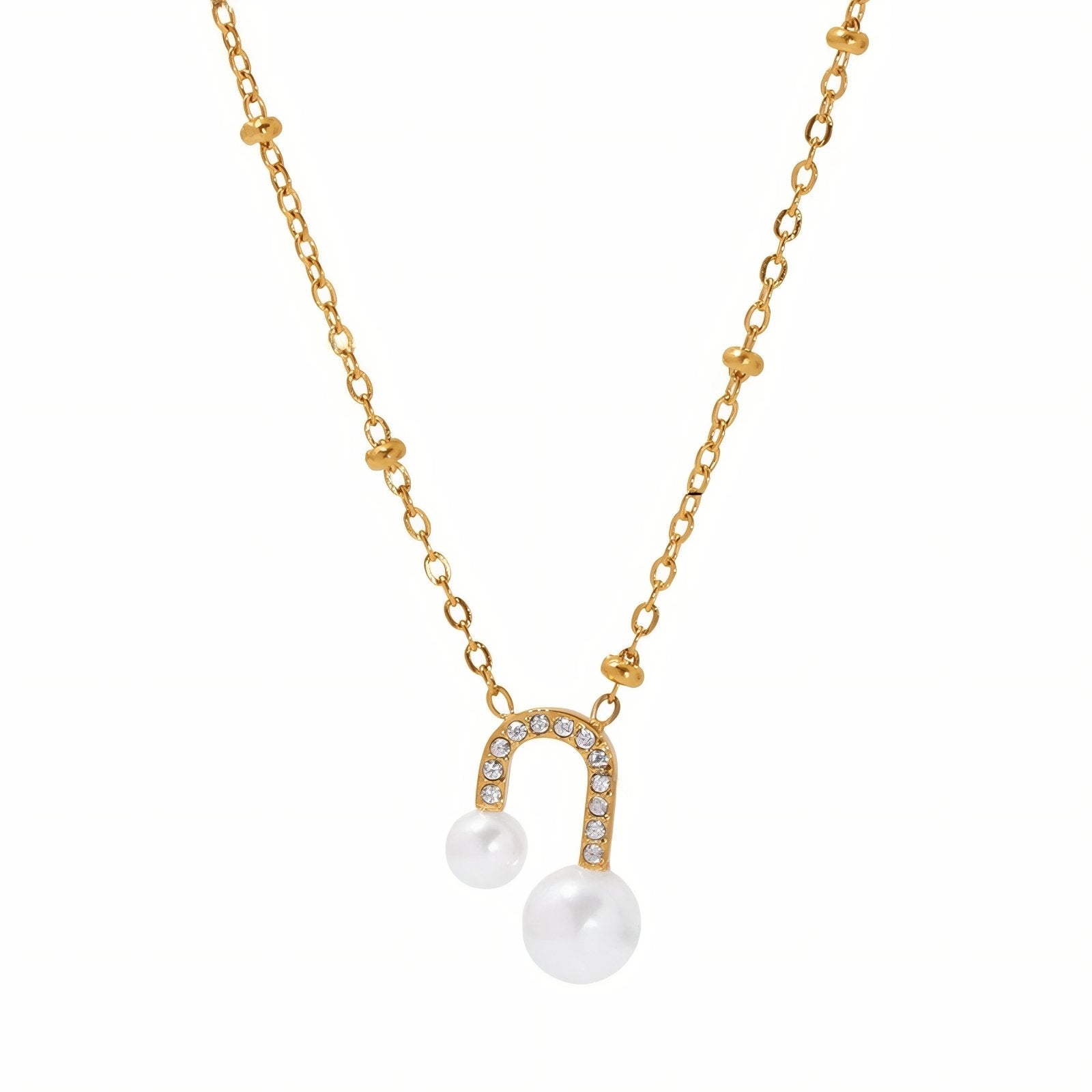 Collier pendentif U pour femme, avec zircons et perles blanches, en acier inoxydable