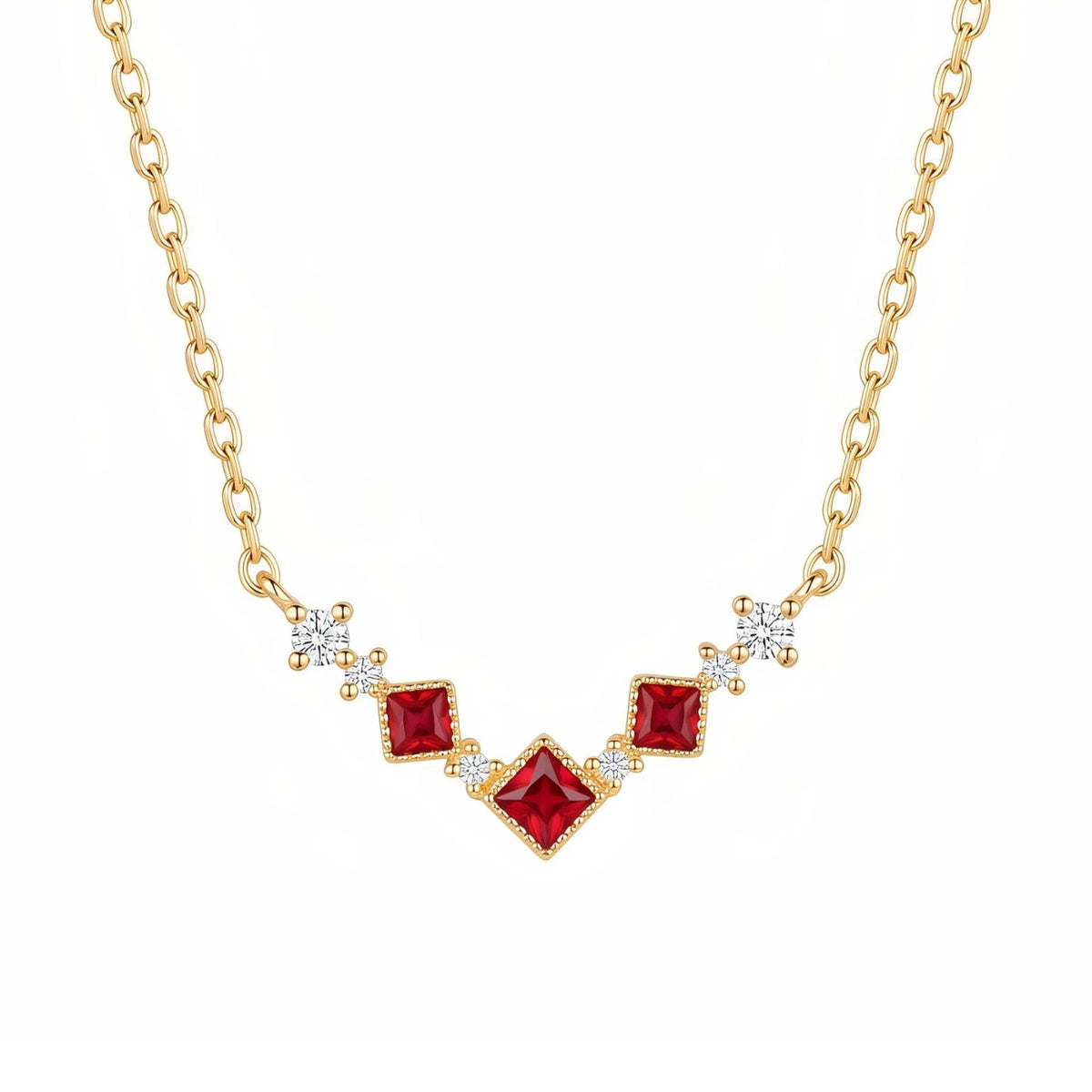 Collier pendentif V pour femme, en argent 925 doré, avec zircons rouges et transparents