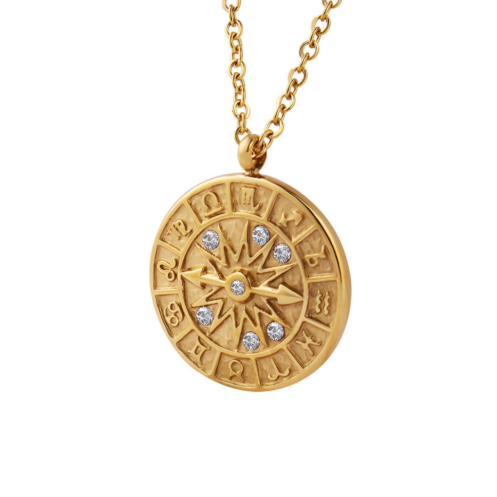 Collier pendentif zodiaque doré, médaillon étoilé en acier inoxydable et zircons, pour femme, modèle Ayla