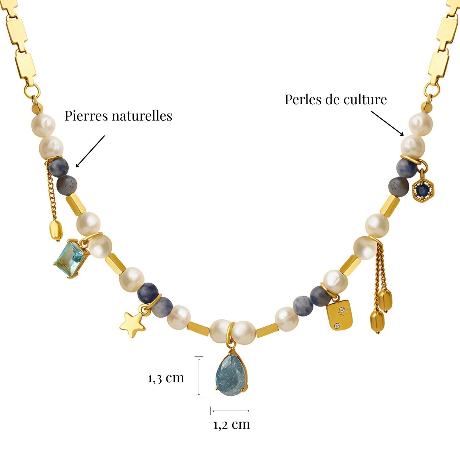 Collier perles d’eau douce, breloques dorées en acier inoxydable, pour femme, modèle Delfina