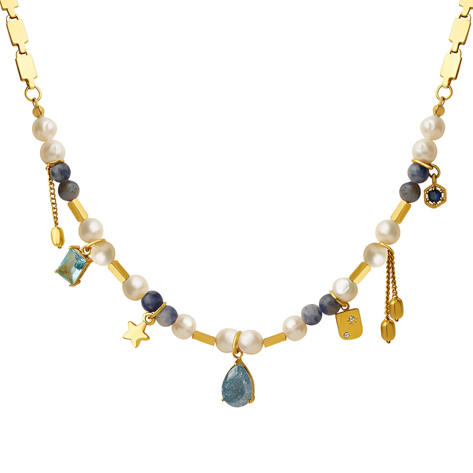 Collier perles d’eau douce, breloques dorées en acier inoxydable, pour femme, modèle Delfina