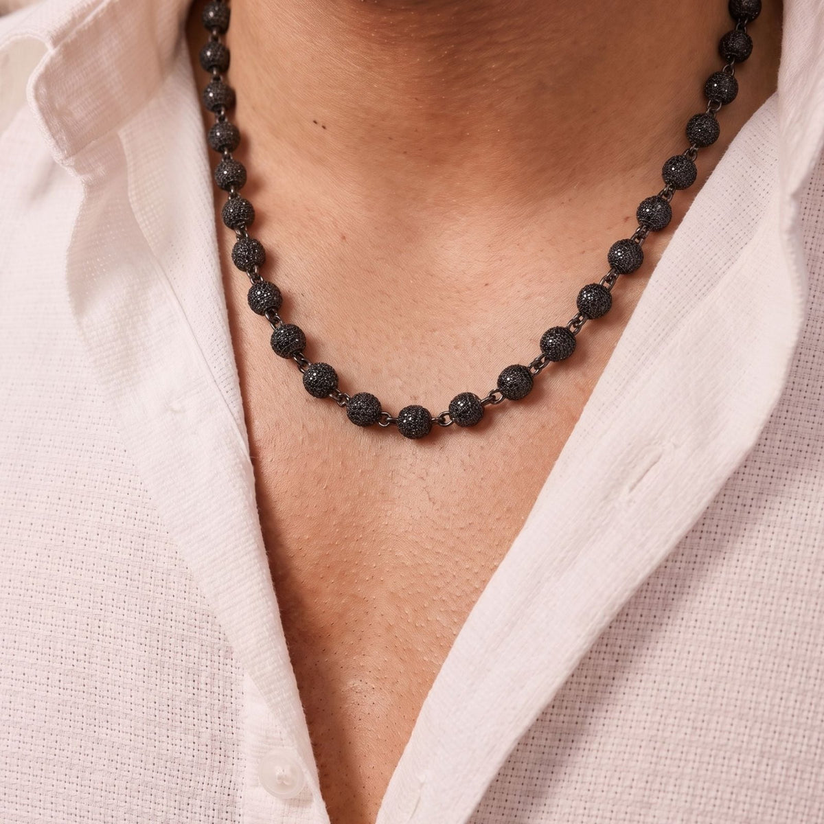 Collier perles noires pour homme, en cuivre serti de zircons, chaîne sphérique 8 mm au style hip-hop