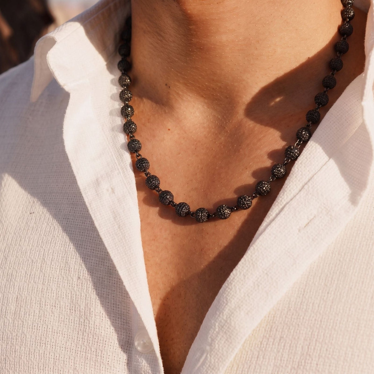 Collier perles noires pour homme, en cuivre serti de zircons, chaîne sphérique 8 mm au style hip-hop