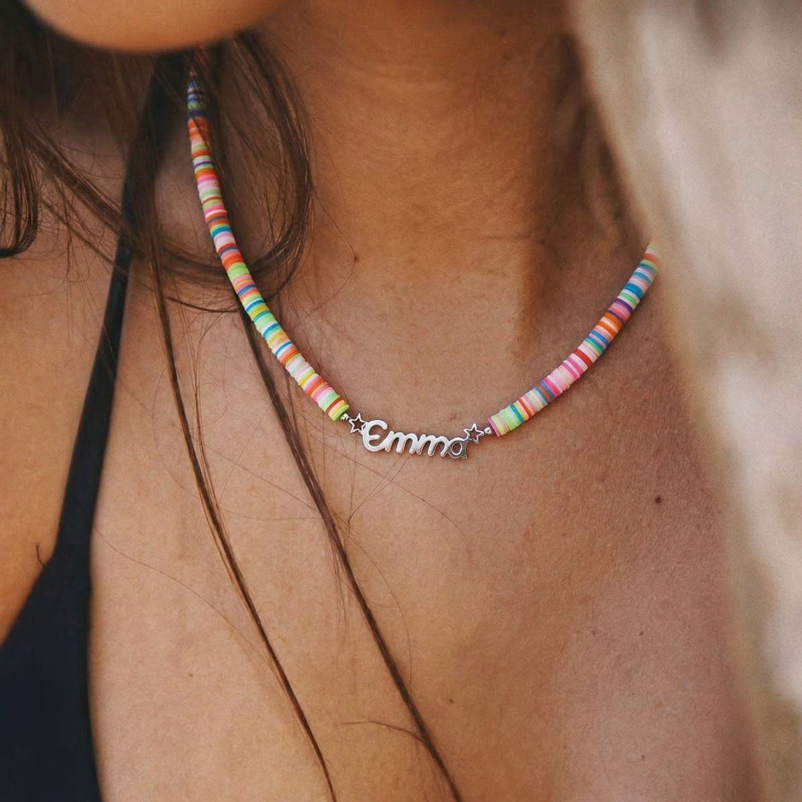 Collier personnalisable en perles de Heishi, perles colorées pendentif en acier 316L