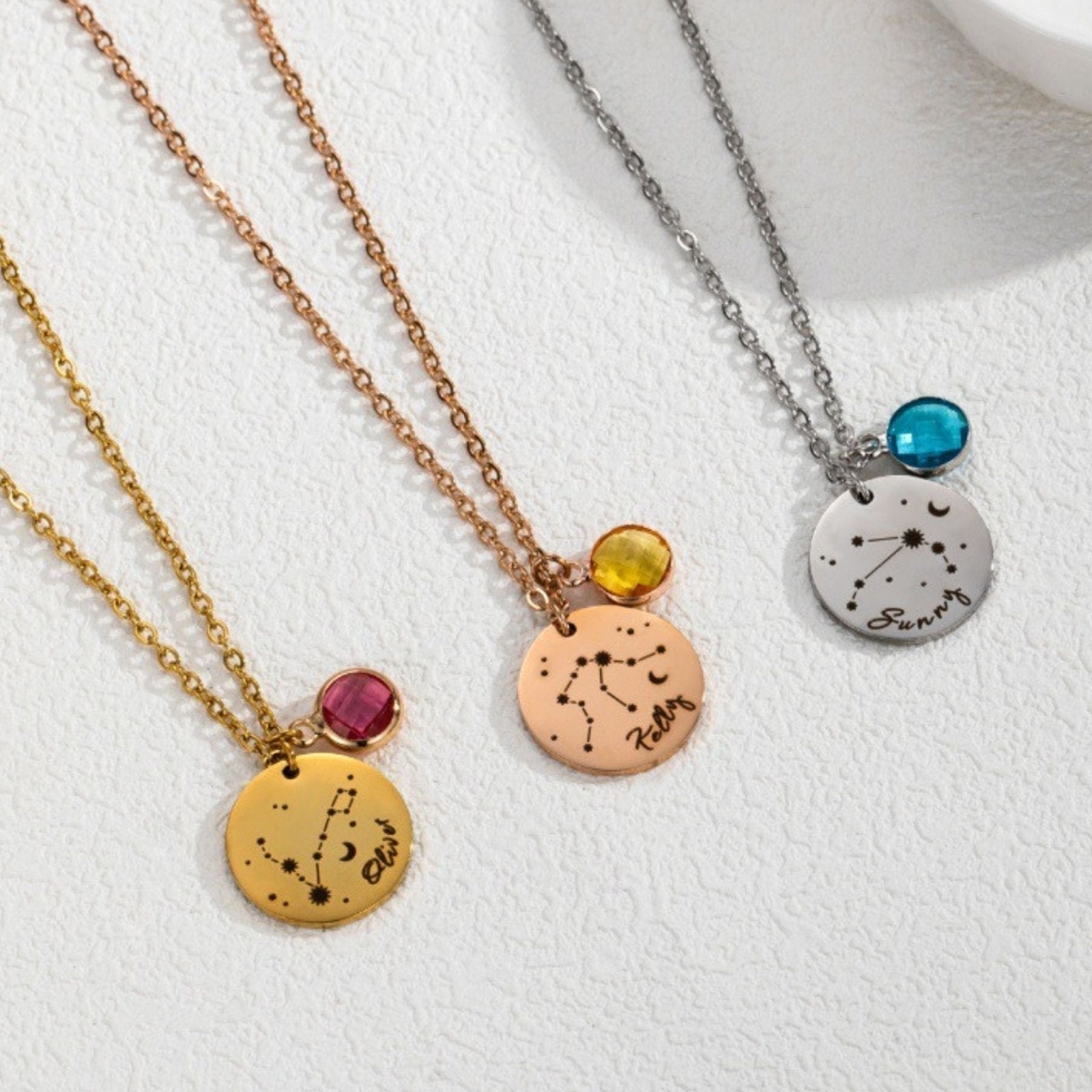 Collier personnalisé astrologique, avec médaille constellation et pierre de naissance, en acier inoxydable