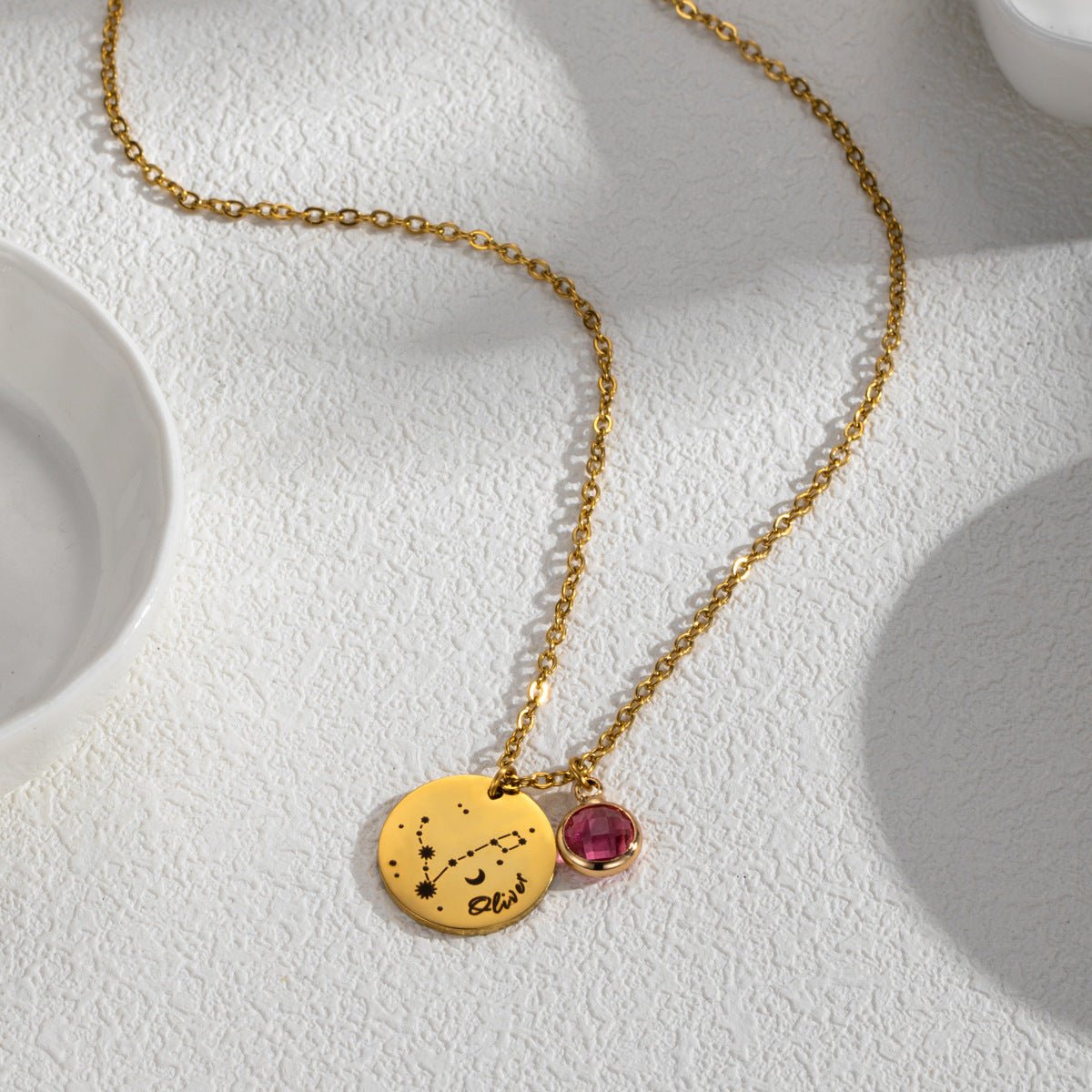 Collier personnalisé astrologique, avec médaille constellation et pierre de naissance, en acier inoxydable