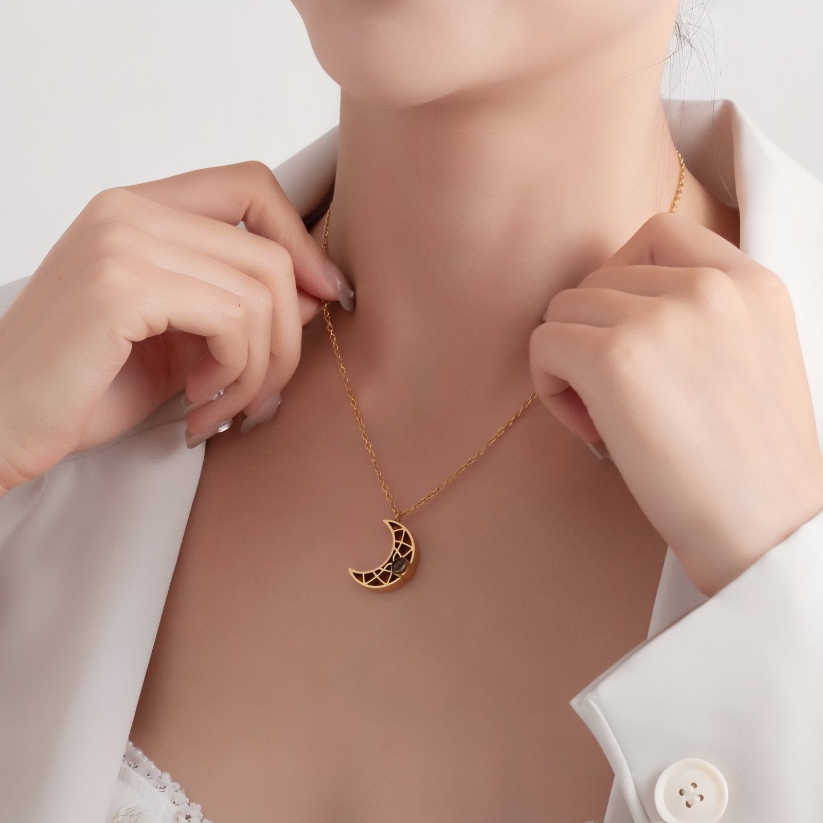 Collier photo personnalisable, croissant de lune, acier inoxydable, modèle Carminati