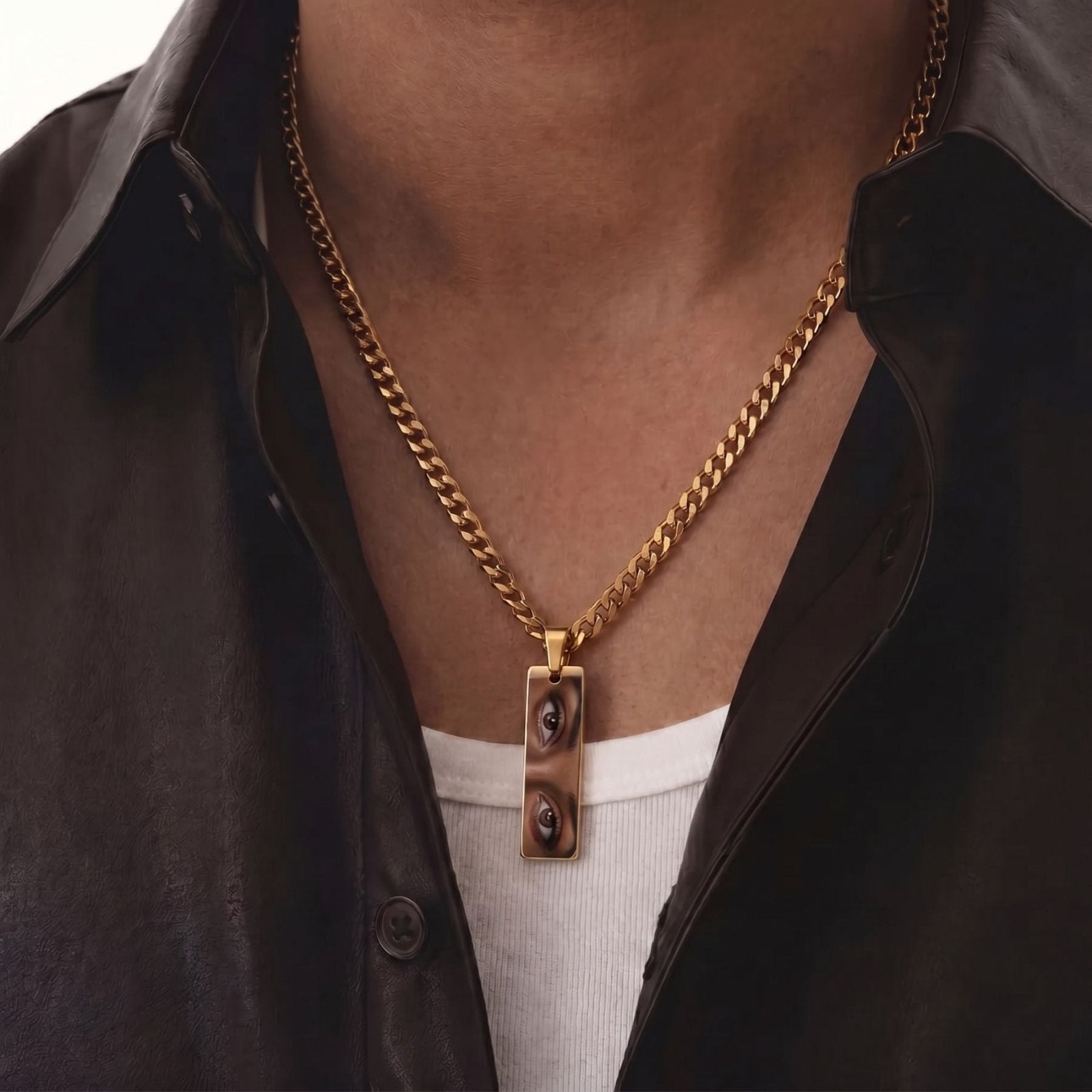 Collier photo yeux personnalisable, pendentif plaque rectangulaire, en acier inoxydable