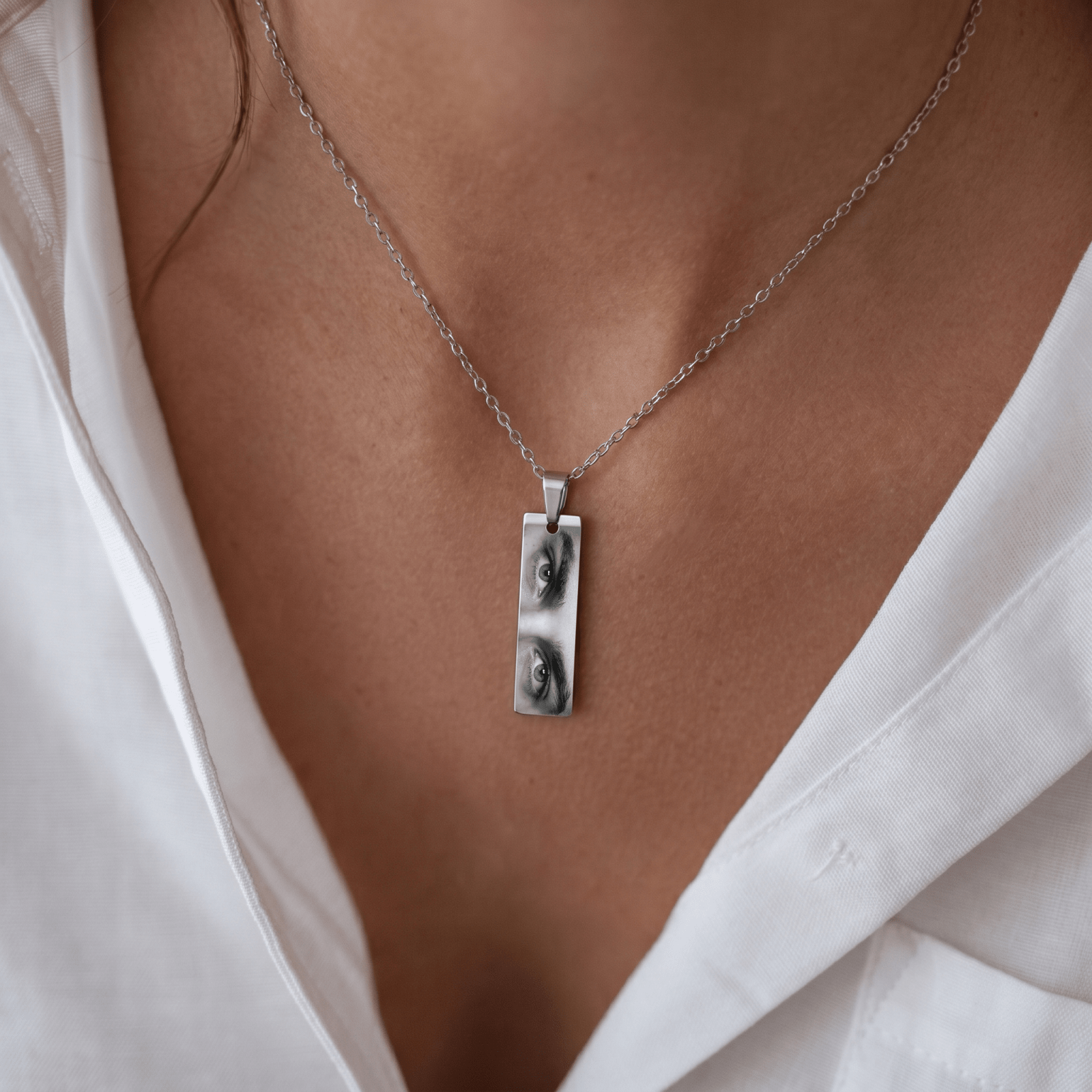Collier photo yeux personnalisable, pendentif plaque rectangulaire, en acier inoxydable