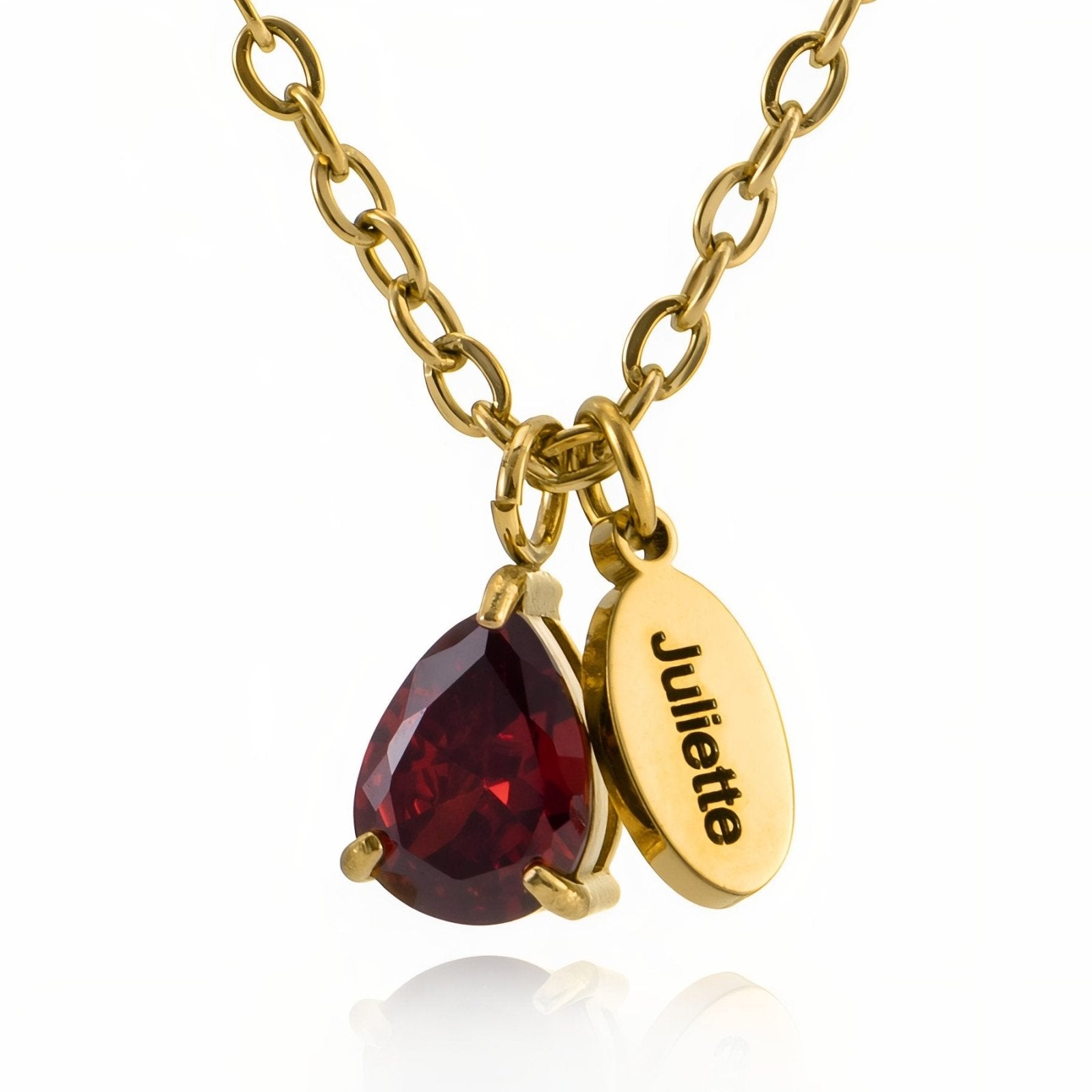 Collier pierre de naissance personnalisé, goutte zircon et prénom, en inox, modèle Pearl